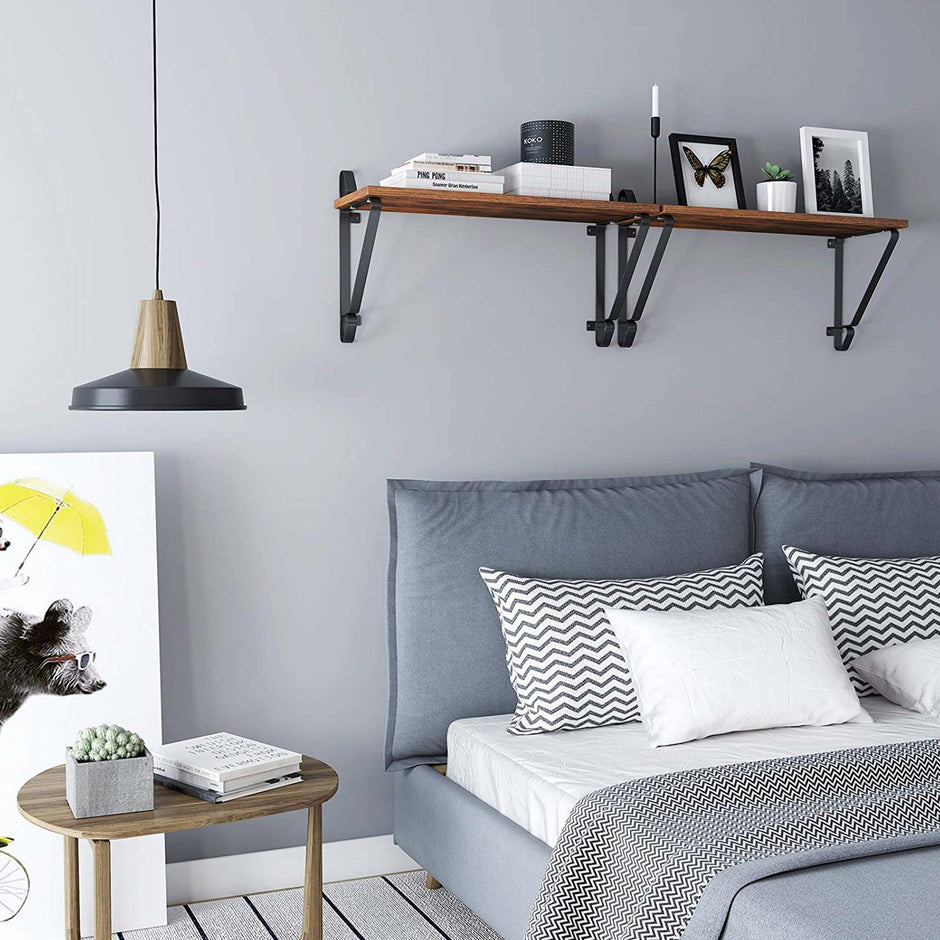 Vintage Floating Shelves – Wood and Metal – Rustic Brown – Set of 2 Wall Mounted Display Ledges