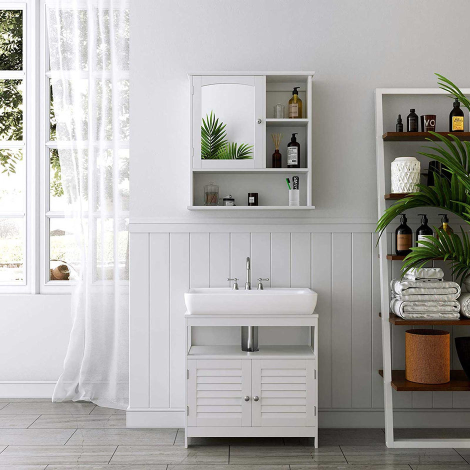 Wall Cabinet – Wooden – White – Wall Mounted with Mirror and Adjustable Shelf