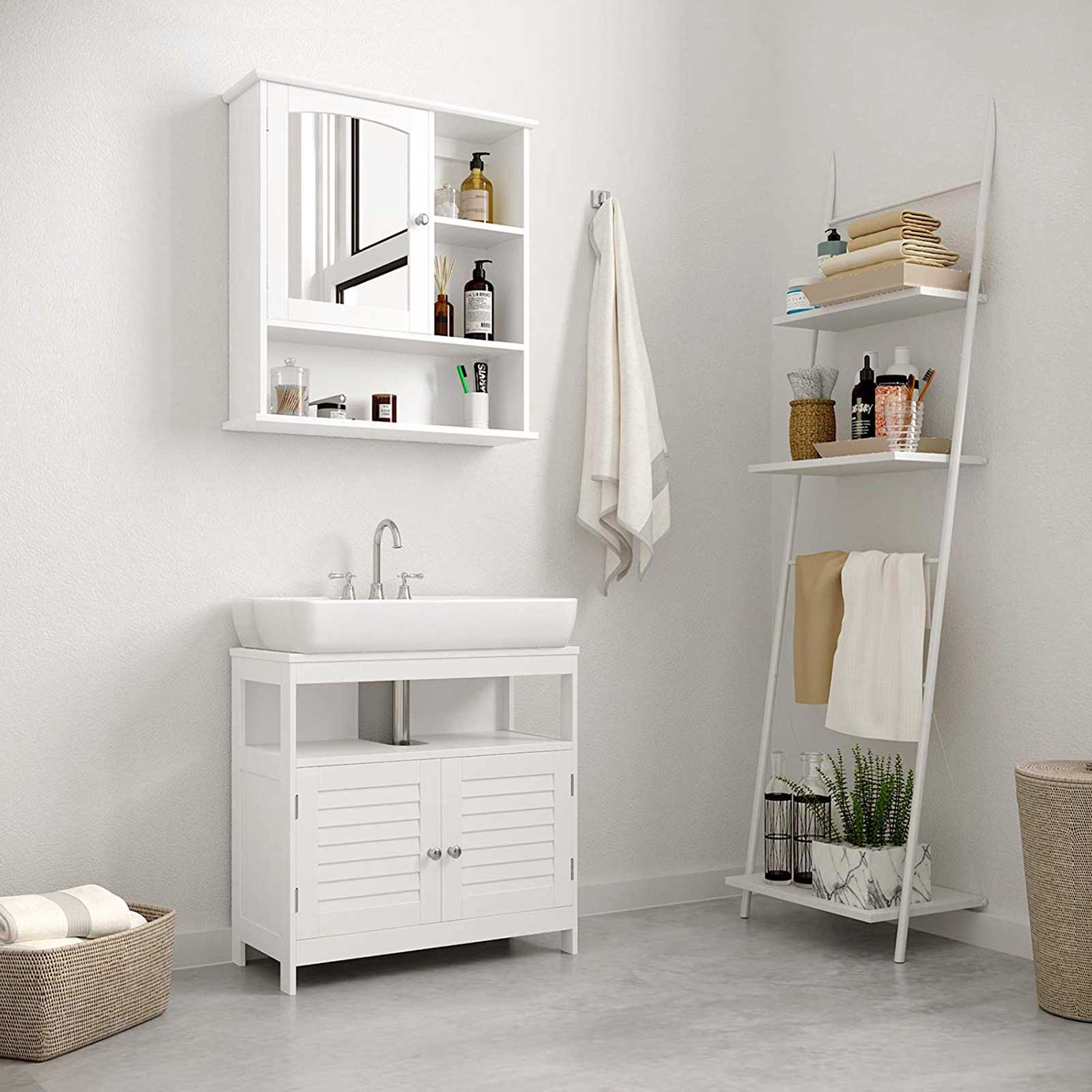 Wall Cabinet – Wooden – White – Wall Mounted with Mirror and Adjustable Shelf