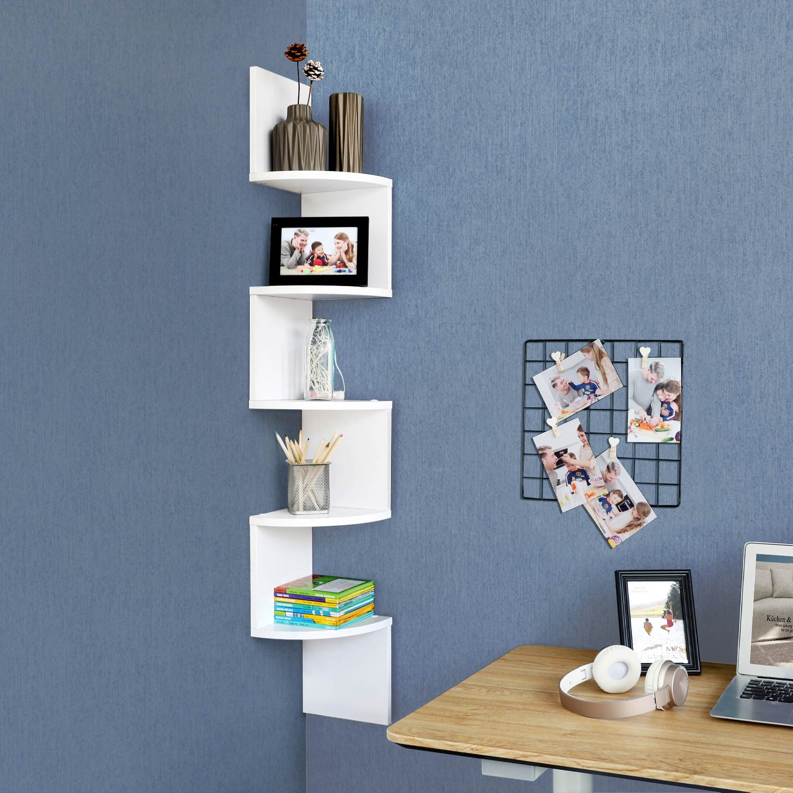 5-Tier Floating Wall Corner Shelf – Wood – White – Zigzag Design