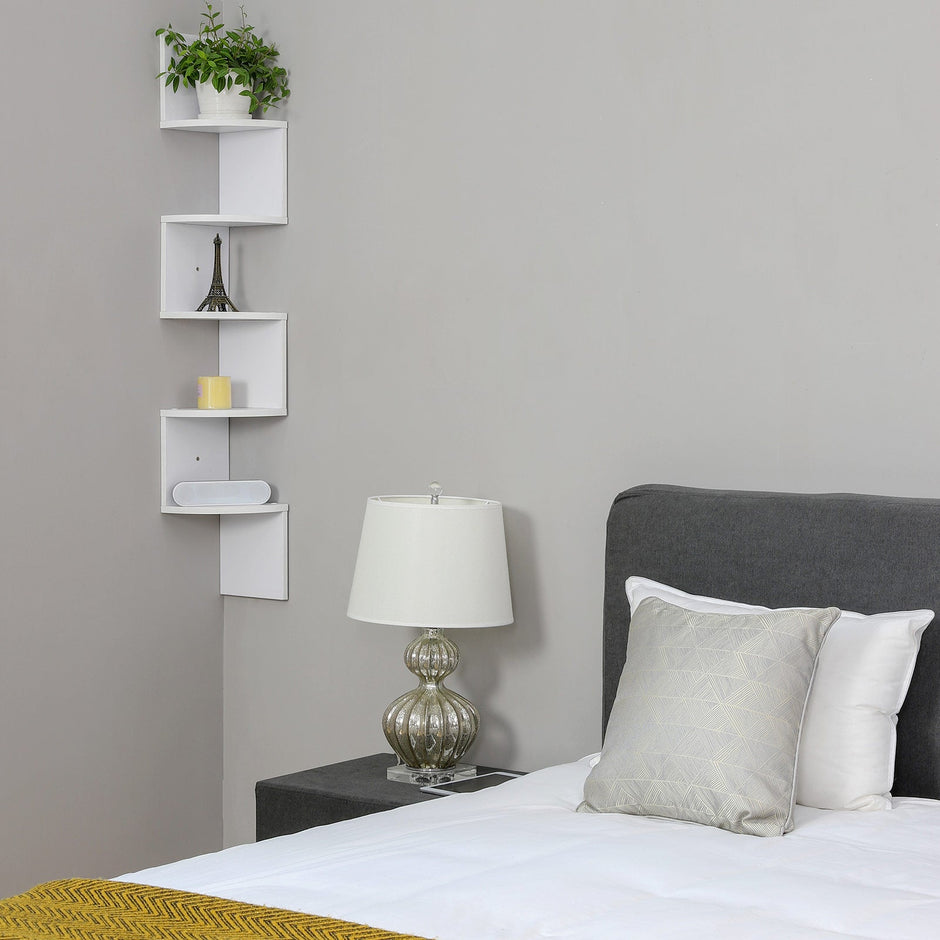 5-Tier Floating Wall Corner Shelf – Wood – White – Zigzag Design