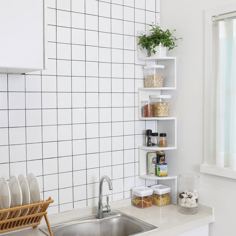 5-Tier Floating Wall Corner Shelf – Wood – White – Zigzag Design