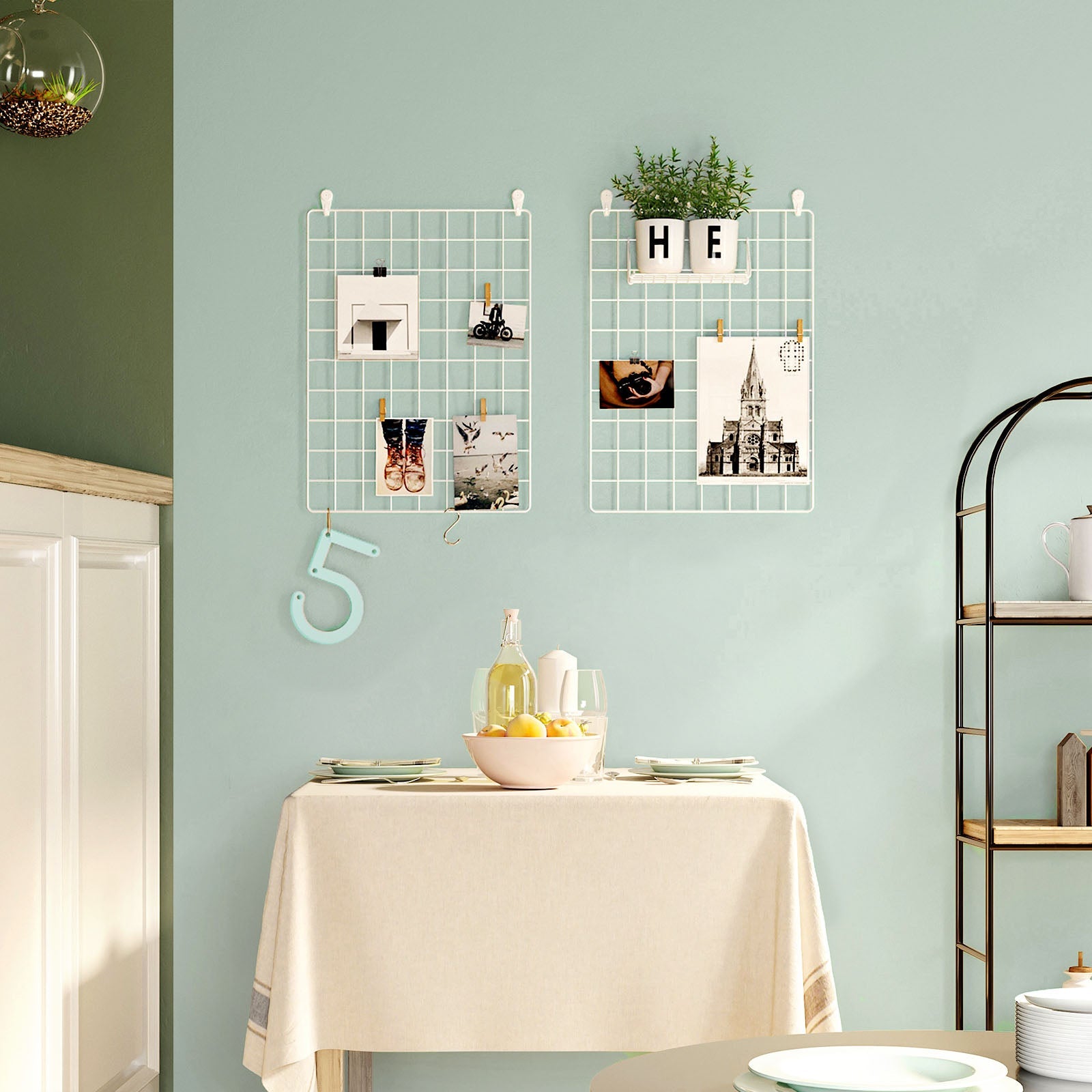 Wall Grid Photo Display – Metal Mesh – Rose Gold – Multifunctional Art Decor with Clips and Hemp Cord