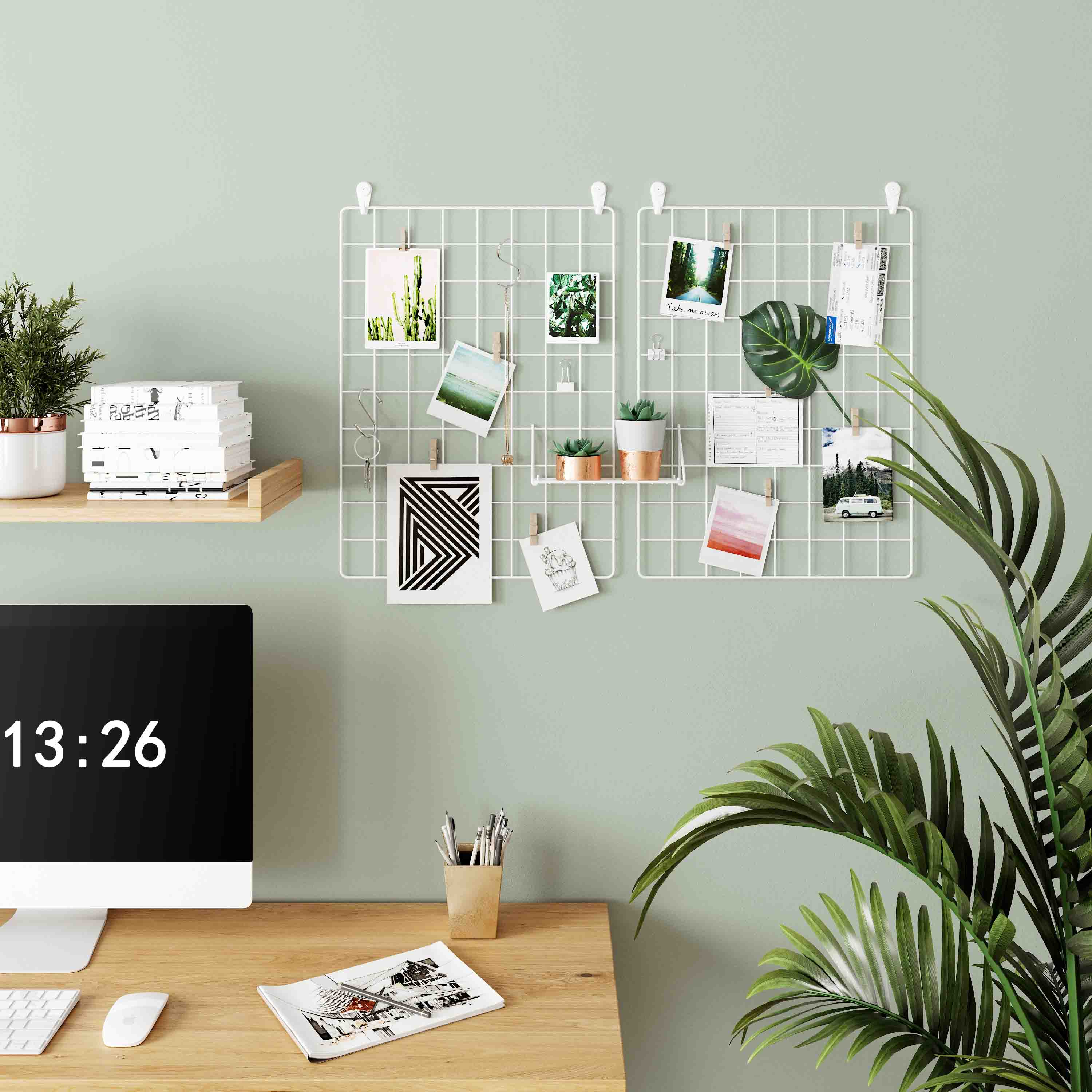 Wall Grid Photo Display – Metal Mesh – Rose Gold – Multifunctional Art Decor with Clips and Hemp Cord
