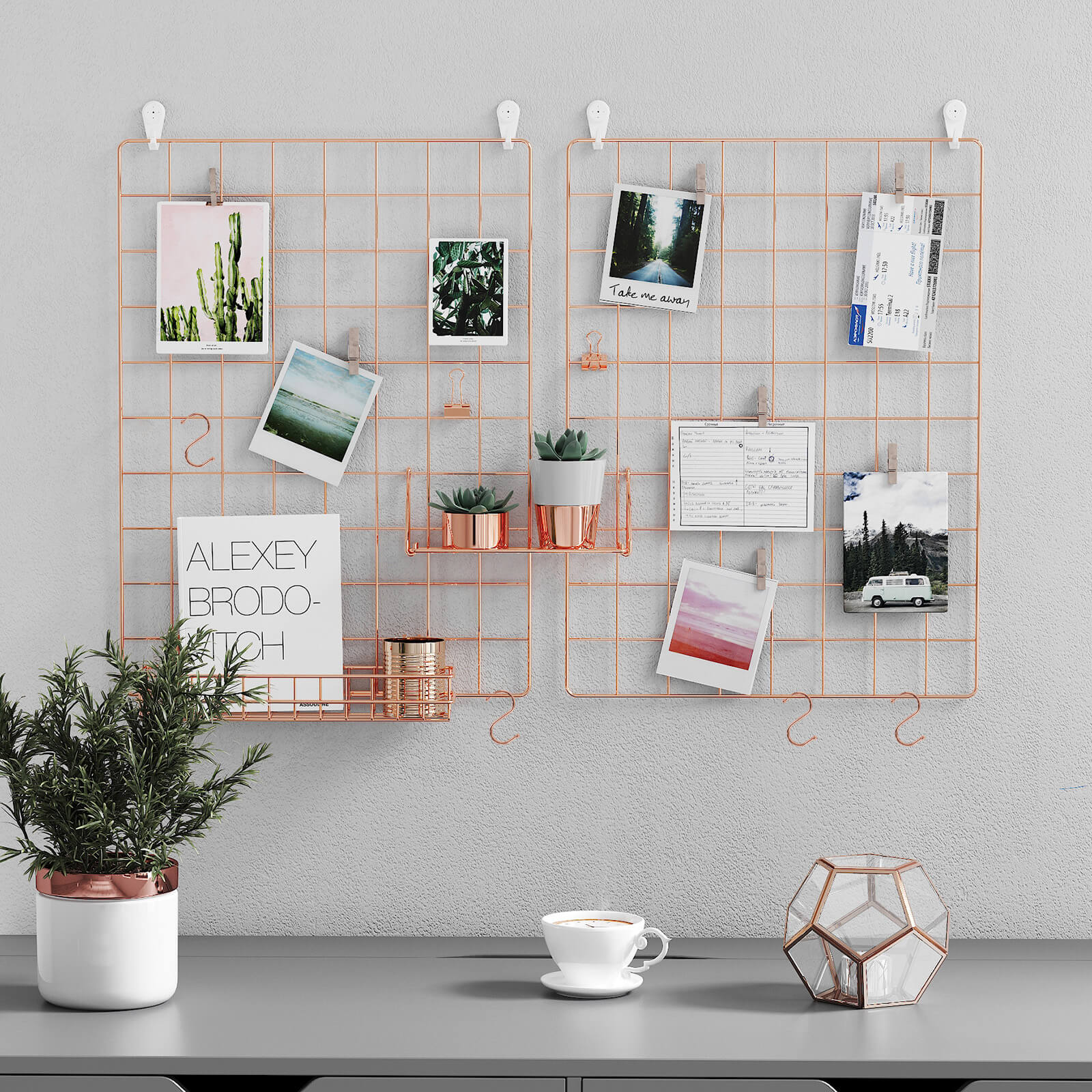 Wall Grid Photo Panel – Metal Mesh – Rose Gold – Set of 2 with S Hooks and Clips