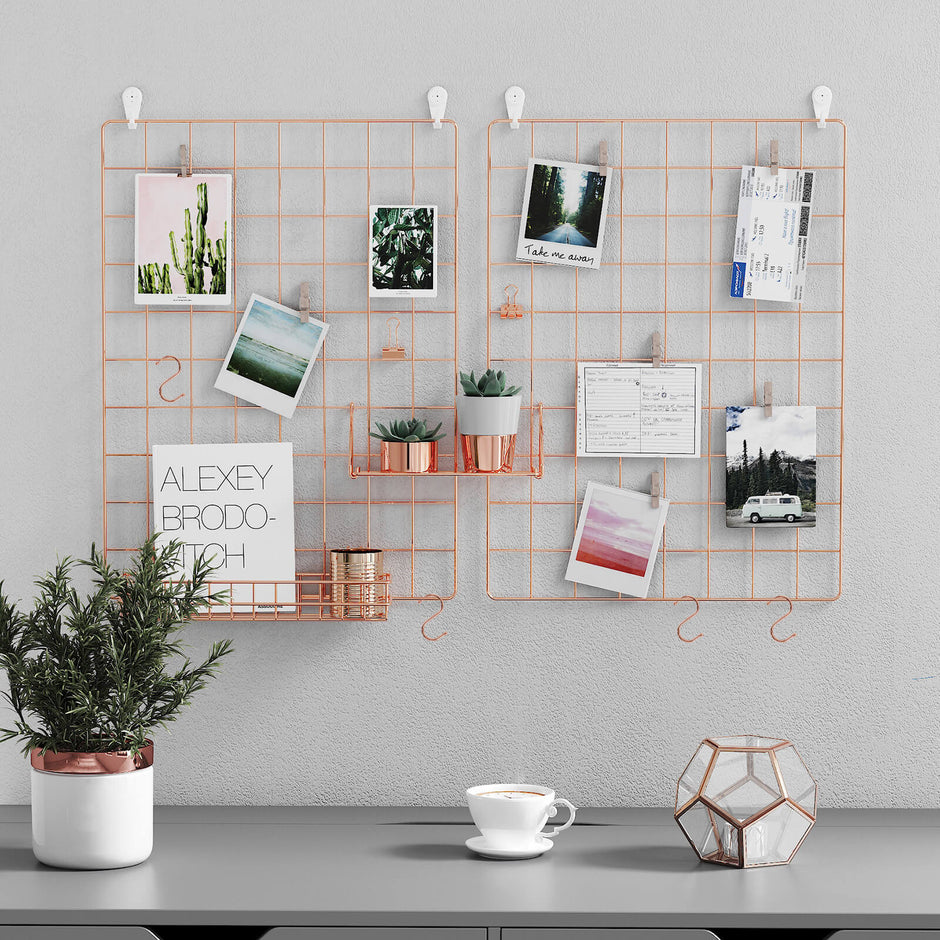 Wall Grid Photo Panel – Metal Mesh – Rose Gold – Set of 2 with S Hooks and Clips