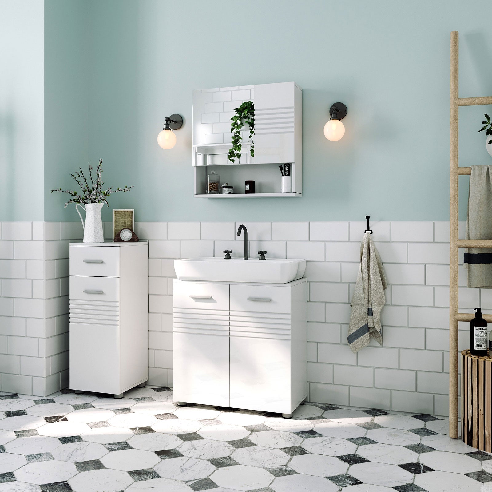Wall Mounted Bathroom Cabinet – Wood – White – Adjustable Shelves and Buffer Hinges