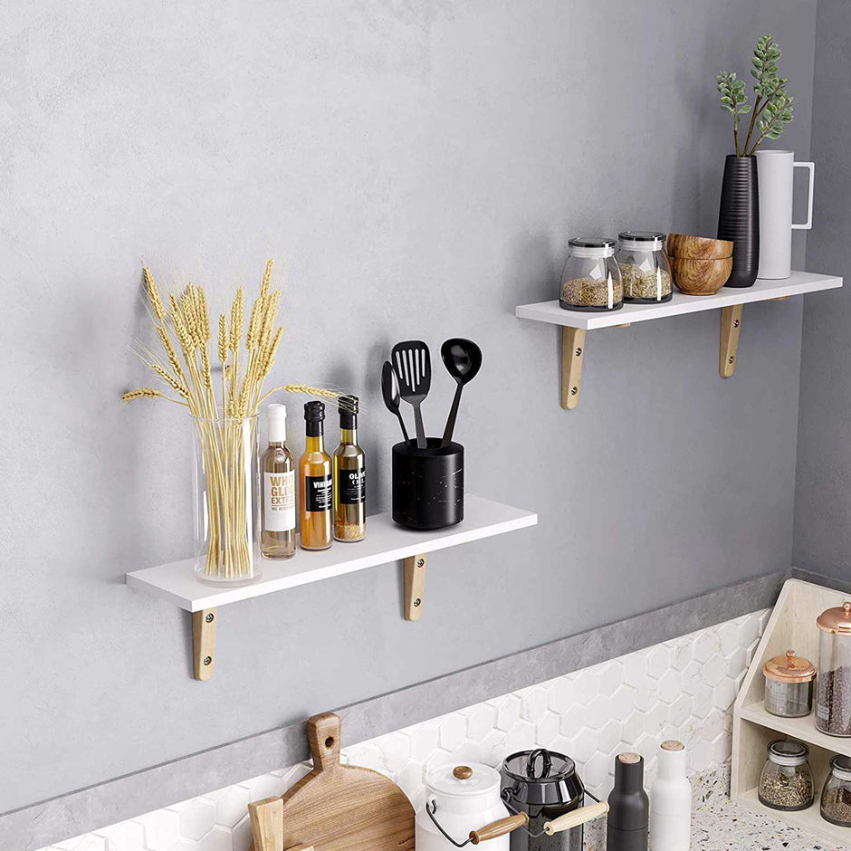 Floating Wall Mounted Shelves – Wood – White and Natural – Set of 2, Max Capacity 15 kg Each