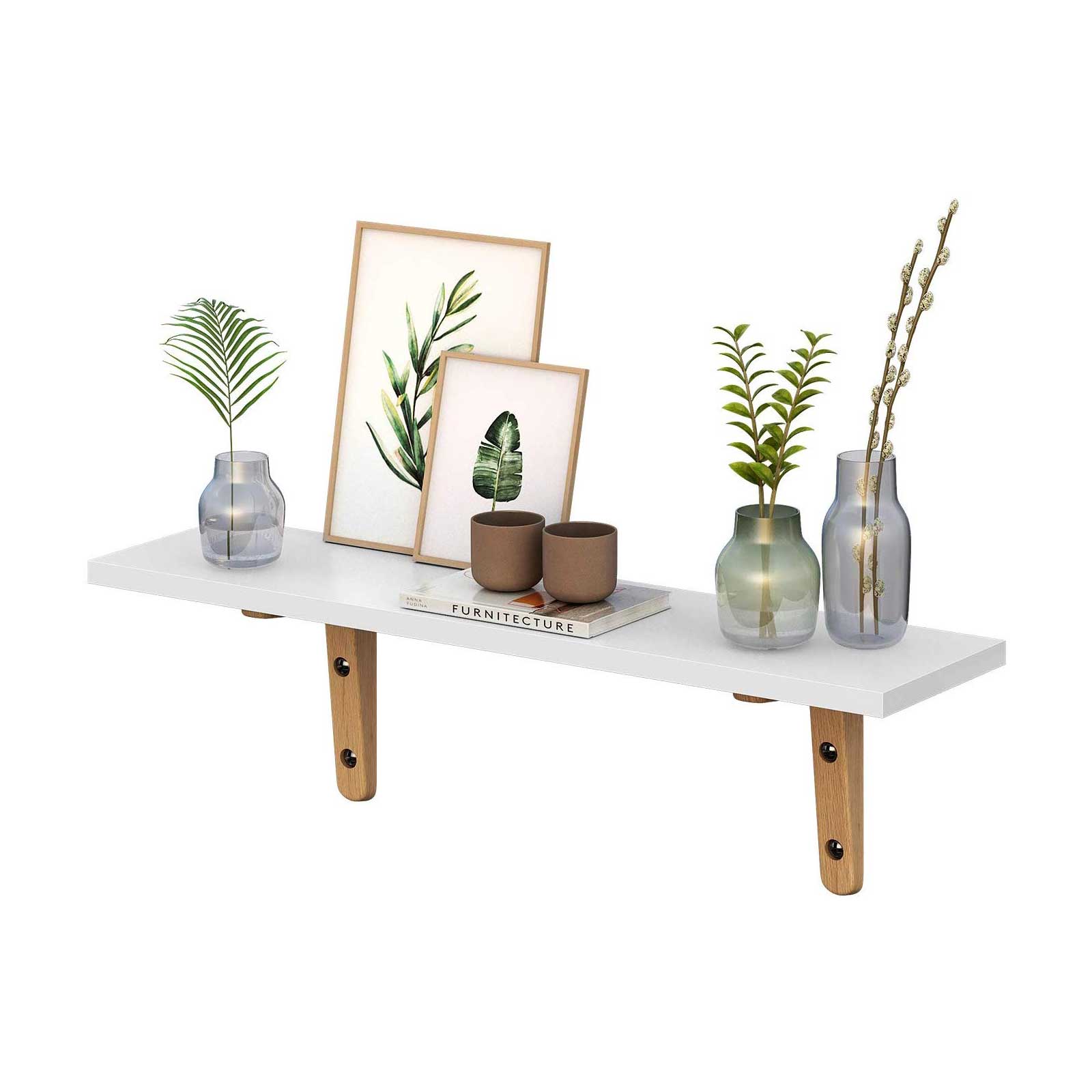 Floating Wall Mounted Shelves – Wood – White and Natural – Set of 2, Max Capacity 15 kg Each