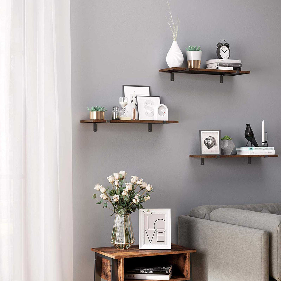 Wall Mounted Floating Shelves – MDF – Brown & Black – Set of 2, Retro Style, Max Capacity 15 kg Each