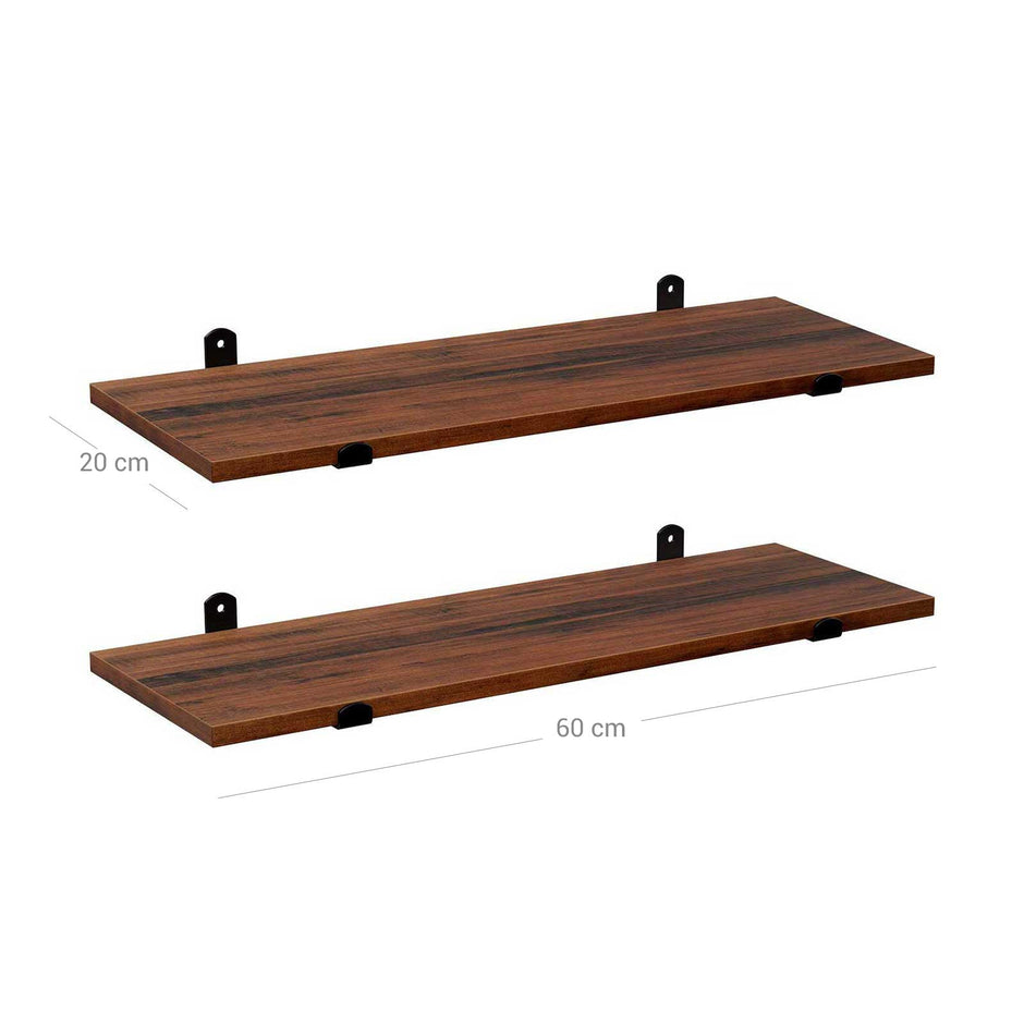 Wall Mounted Floating Shelves – MDF – Brown & Black – Set of 2, Retro Style, Max Capacity 15 kg Each