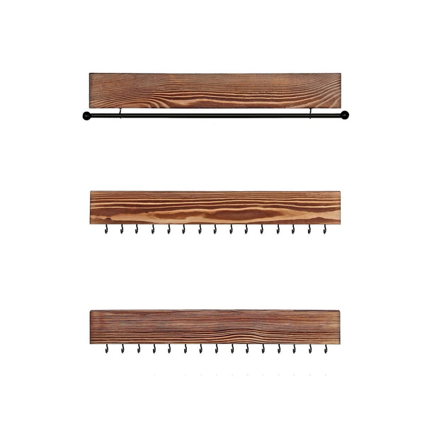 Wall-Mounted Jewellery Organisers – Wood – Rustic Brown – Set of 3 with Bracelet Rod and 30 Hooks