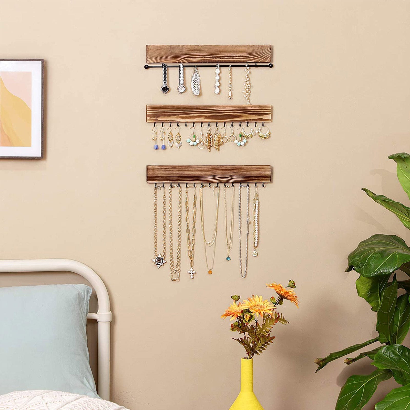 Wall-Mounted Jewellery Organisers – Wood – Rustic Brown – Set of 3 with Bracelet Rod and 30 Hooks