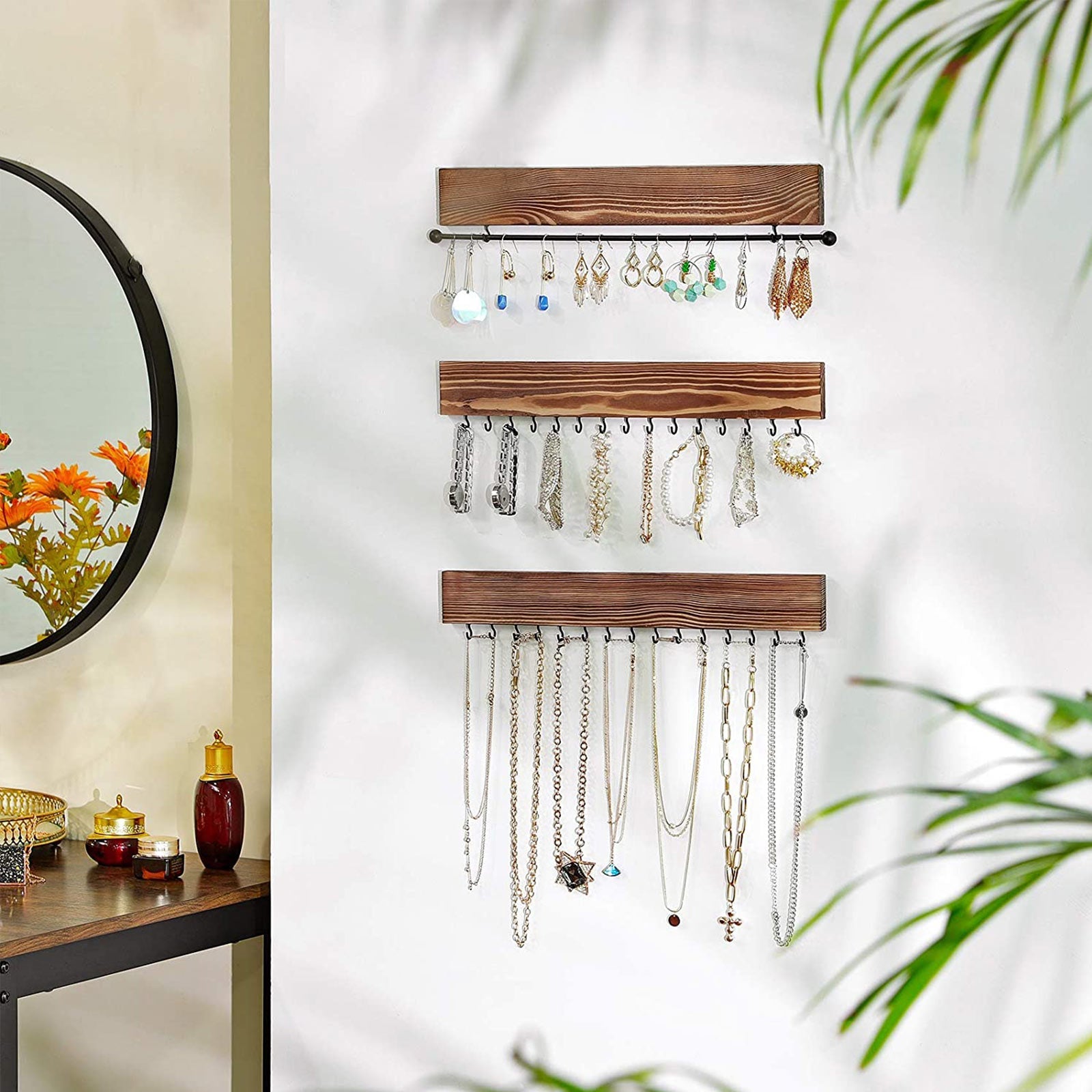 Wall-Mounted Jewellery Organisers – Wood – Rustic Brown – Set of 3 with Bracelet Rod and 30 Hooks