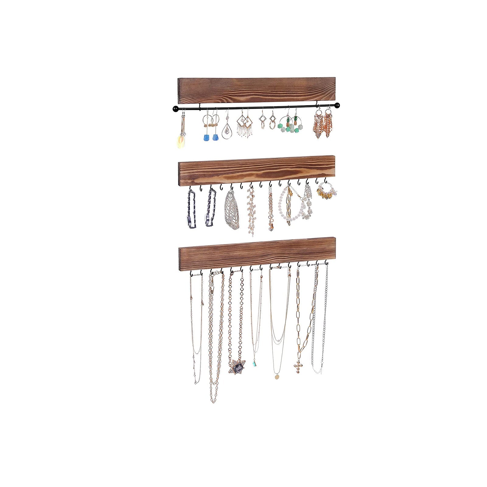 Wall-Mounted Jewellery Organisers – Wood – Rustic Brown – Set of 3 with Bracelet Rod and 30 Hooks