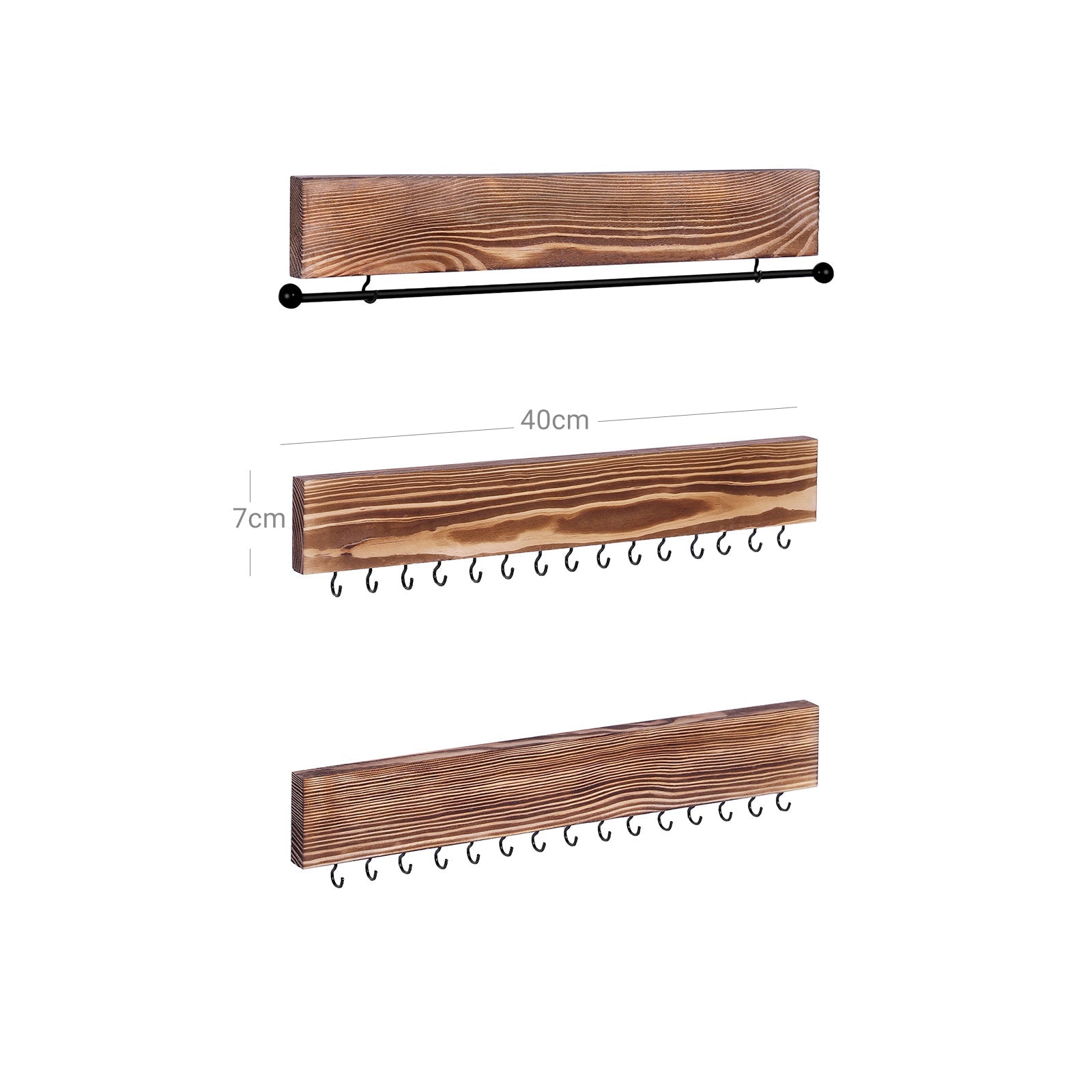 Wall-Mounted Jewellery Organisers – Wood – Rustic Brown – Set of 3 with Bracelet Rod and 30 Hooks