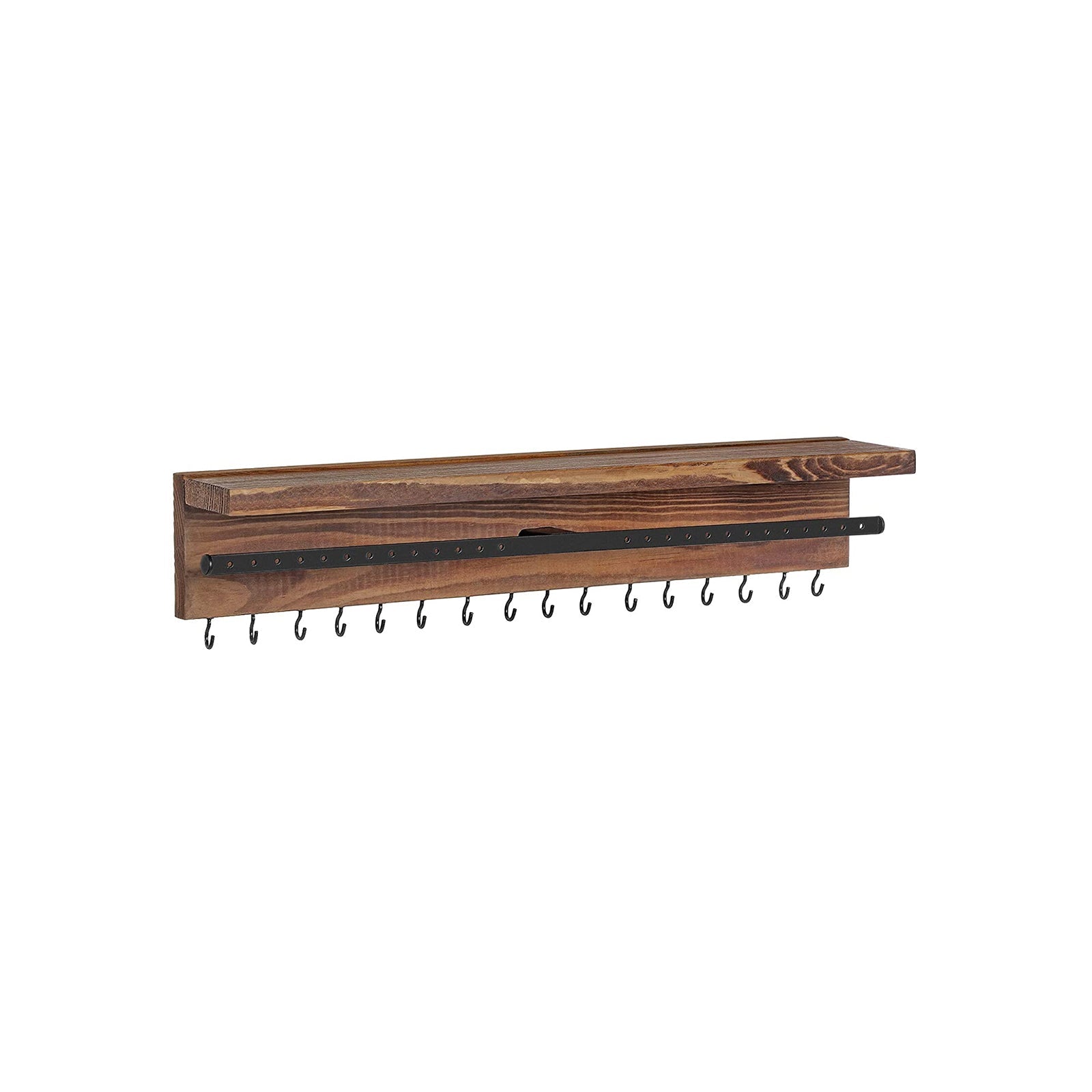 Wall-Mounted Jewellery Organiser – Wood – Rustic Brown – Display with Shelf and Hooks for Earrings and Bracelets