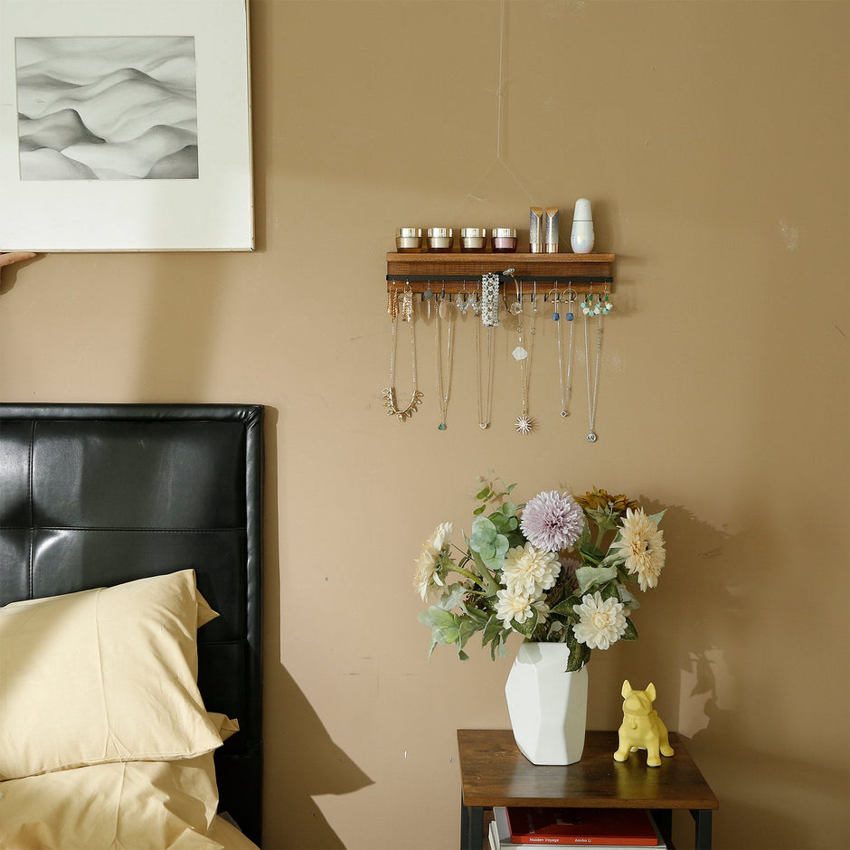 Wall-Mounted Jewellery Organiser – Wood – Rustic Brown – Display with Shelf and Hooks for Earrings and Bracelets