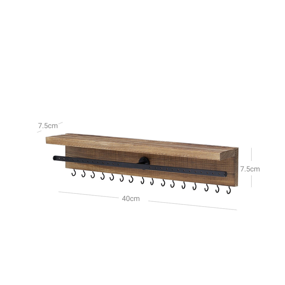 Wall-Mounted Jewellery Organiser – Wood – Rustic Brown – Display with Shelf and Hooks for Earrings and Bracelets