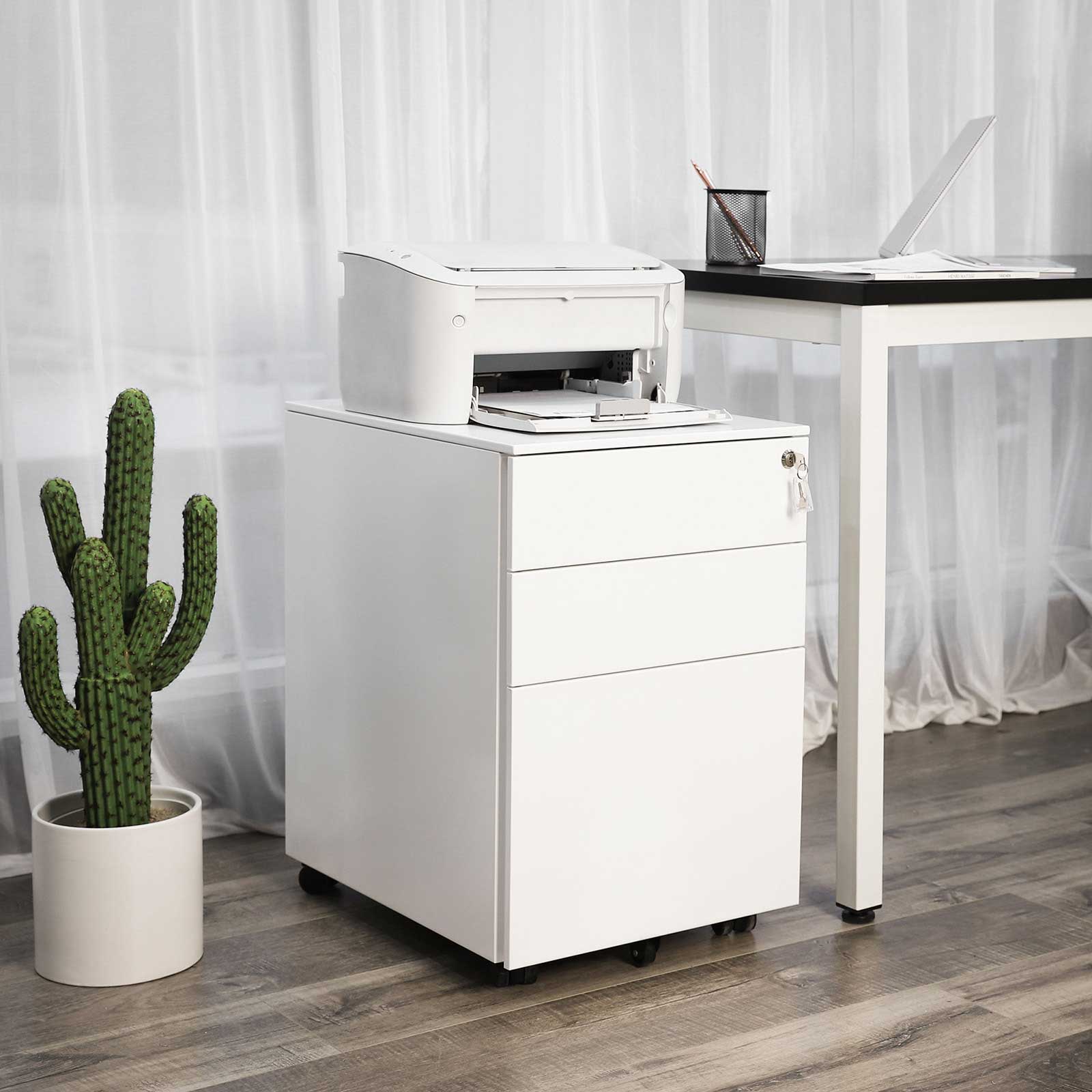 Lockable Steel File Cabinet – Steel – White – Mobile Design with 3 Drawers and Suspension File Hanging Rails