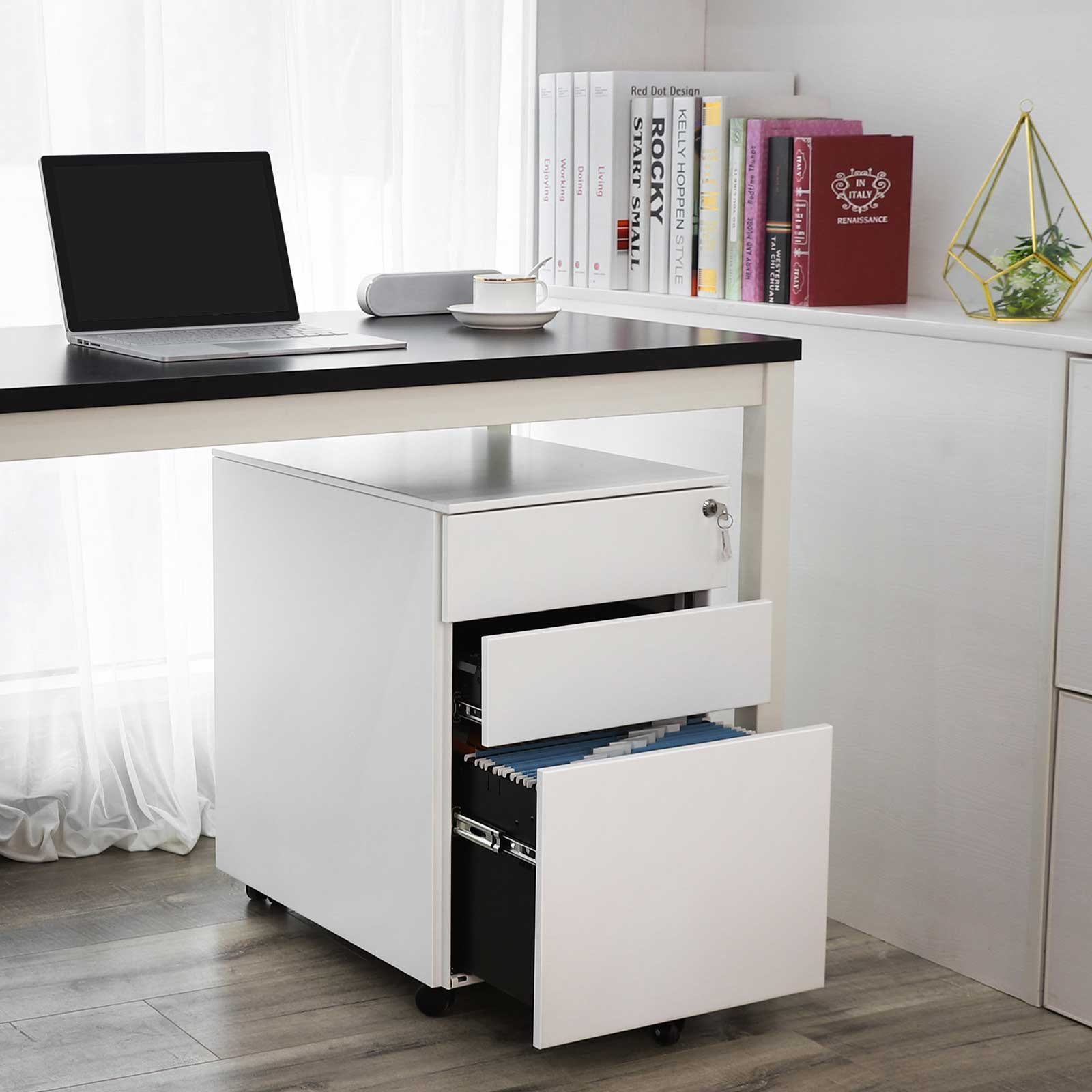 Lockable Steel File Cabinet – Steel – White – Mobile Design with 3 Drawers and Suspension File Hanging Rails