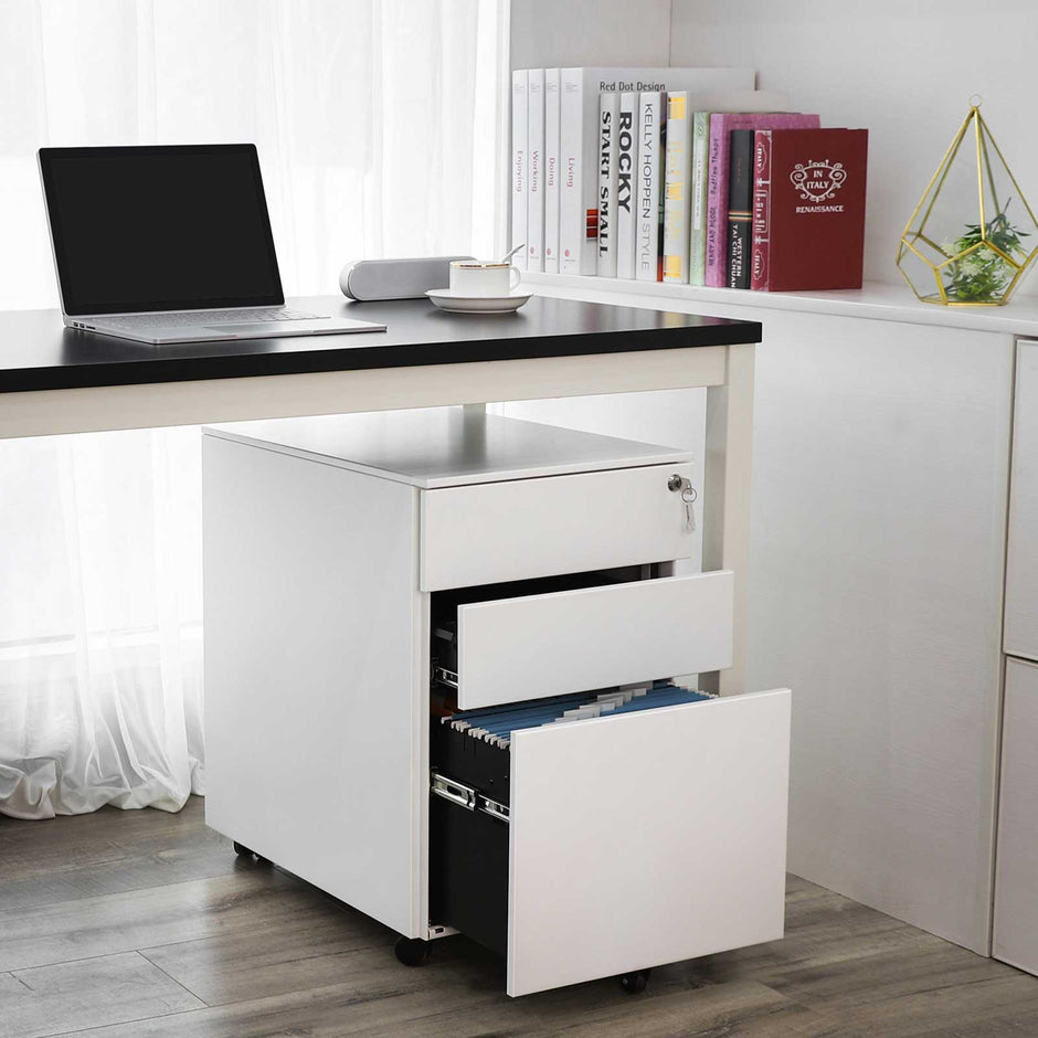 Lockable Steel File Cabinet – Steel – White – Mobile Design with 3 Drawers and Suspension File Hanging Rails