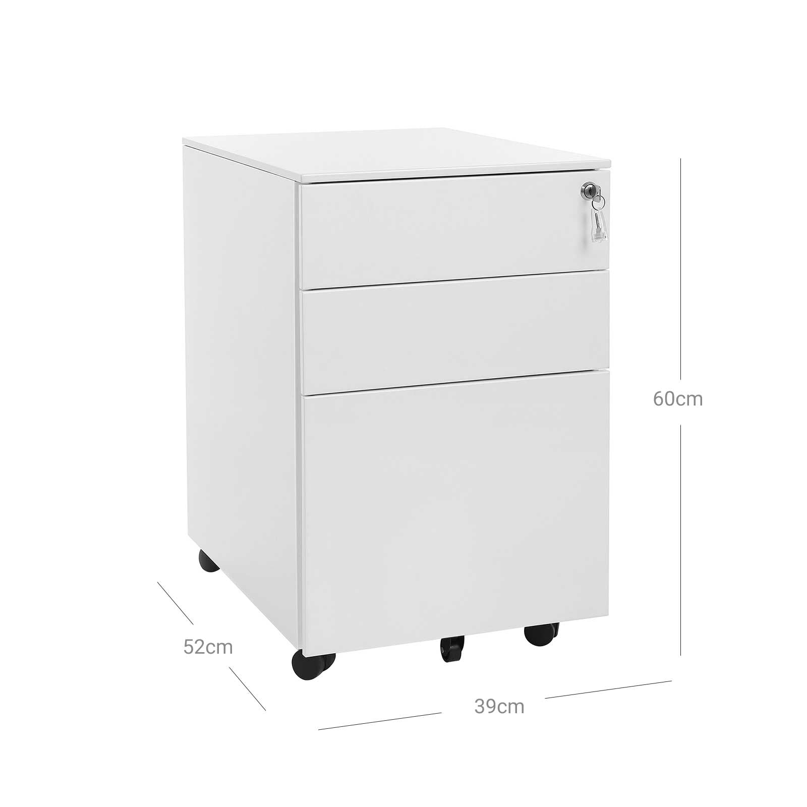 Lockable Steel File Cabinet – Steel – White – Mobile Design with 3 Drawers and Suspension File Hanging Rails