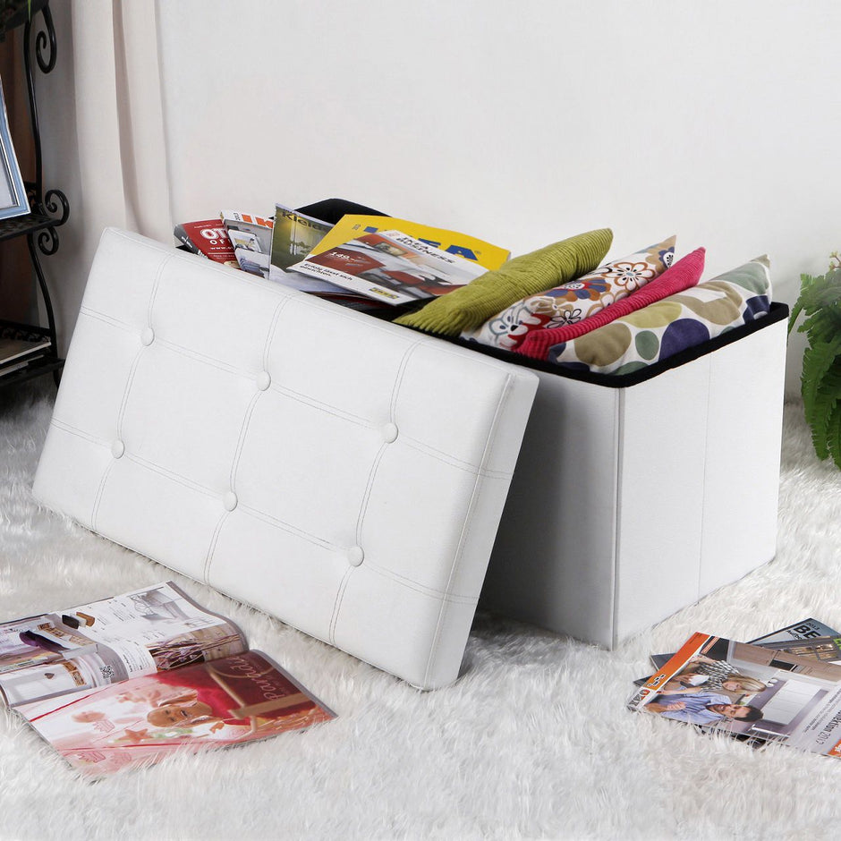 Folding Storage Ottoman – Faux Leather – White – Maximum Load 300 kg