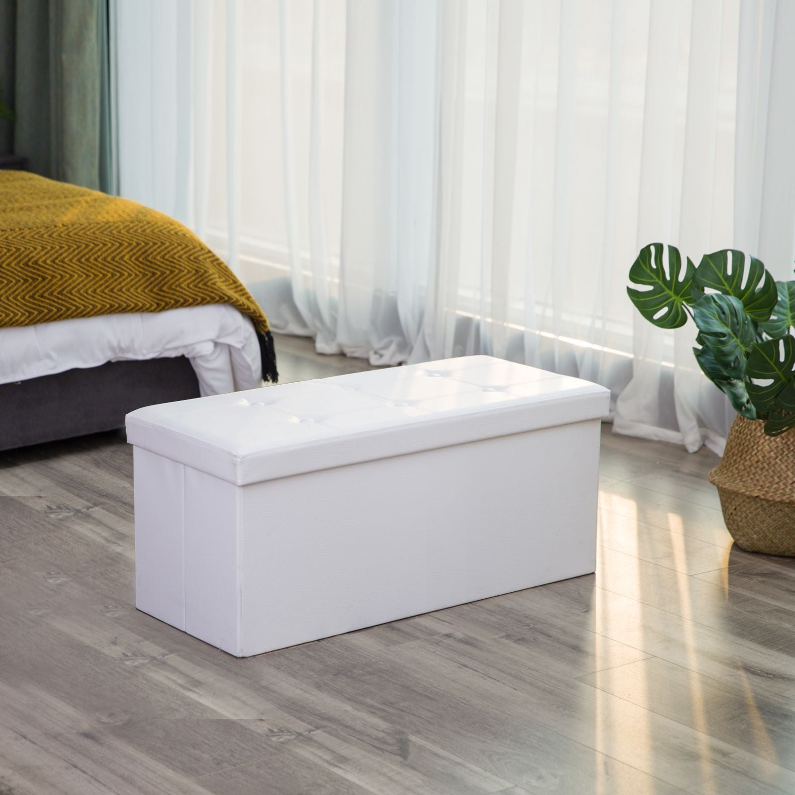 Folding Storage Ottoman – Faux Leather – White – Maximum Load 300 kg