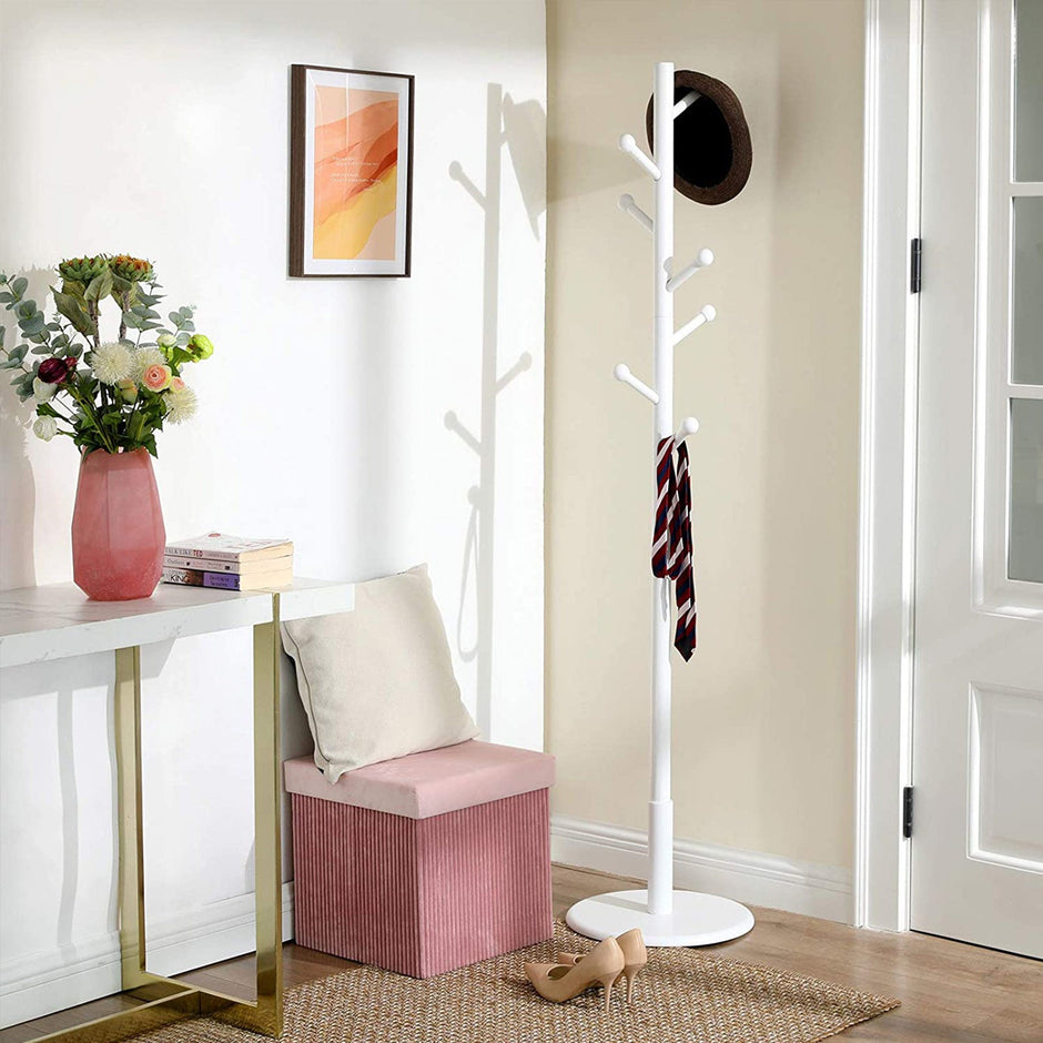 Hall Tree – Wood – White – Free Standing with 7 Rounded Hooks