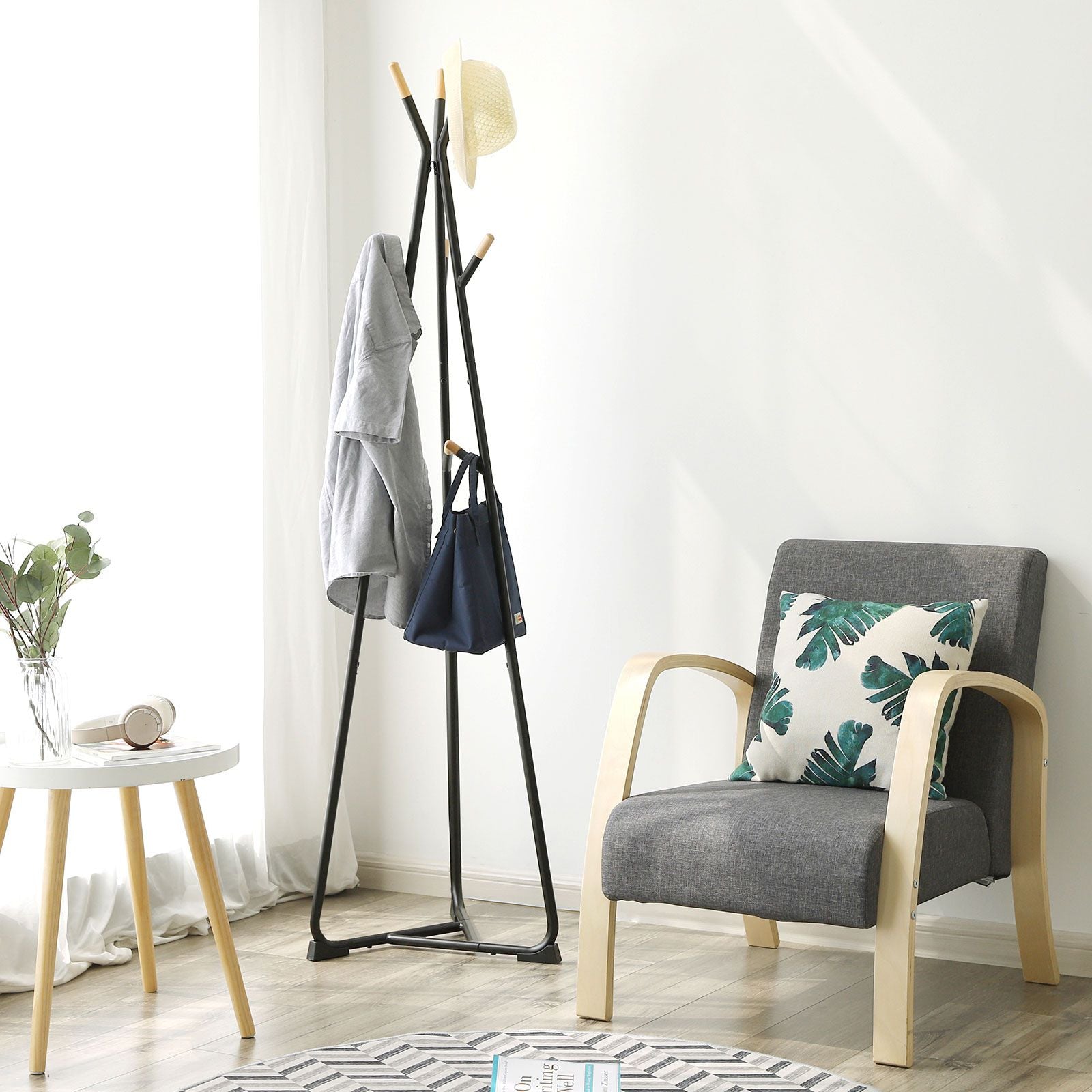 Coat Rack Stand – Beech Wood – Black and Natural Grain – 9 Hooks for Clothes, Hats, and Bags