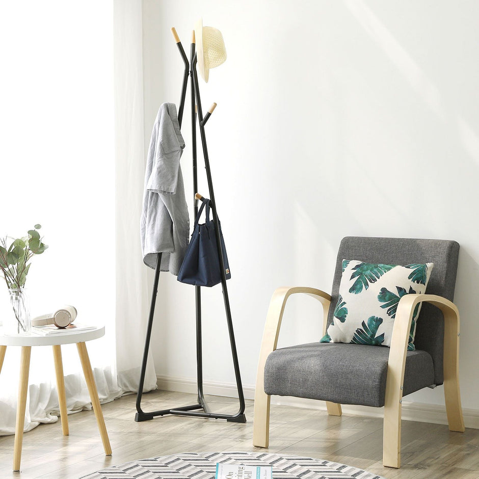 Coat Rack Stand – Beech Wood – Black and Natural Grain – 9 Hooks for Clothes, Hats, and Bags