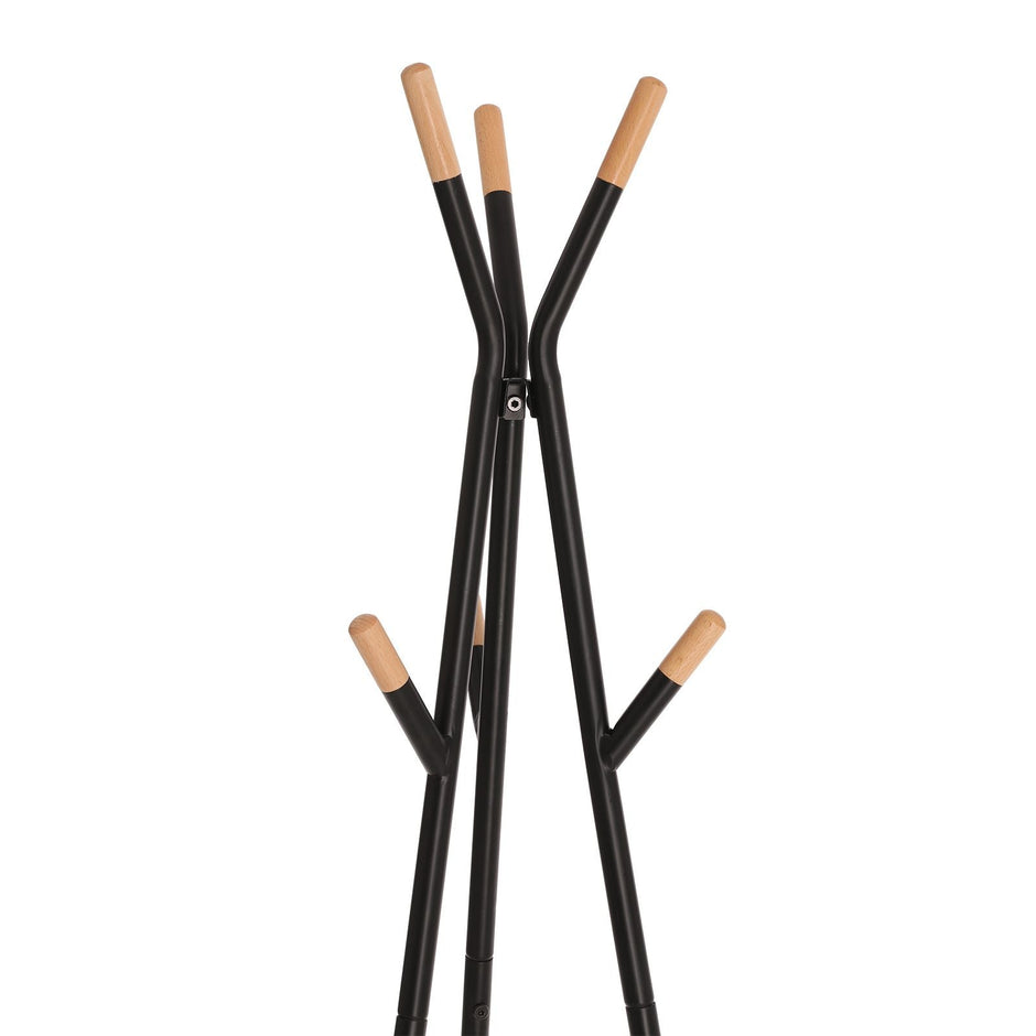 Coat Rack Stand – Beech Wood – Black and Natural Grain – 9 Hooks for Clothes, Hats, and Bags