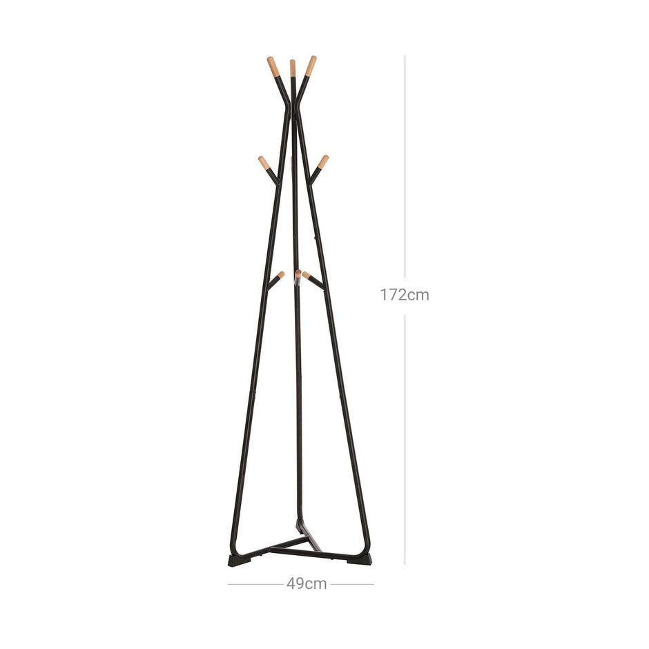 Coat Rack Stand – Beech Wood – Black and Natural Grain – 9 Hooks for Clothes, Hats, and Bags
