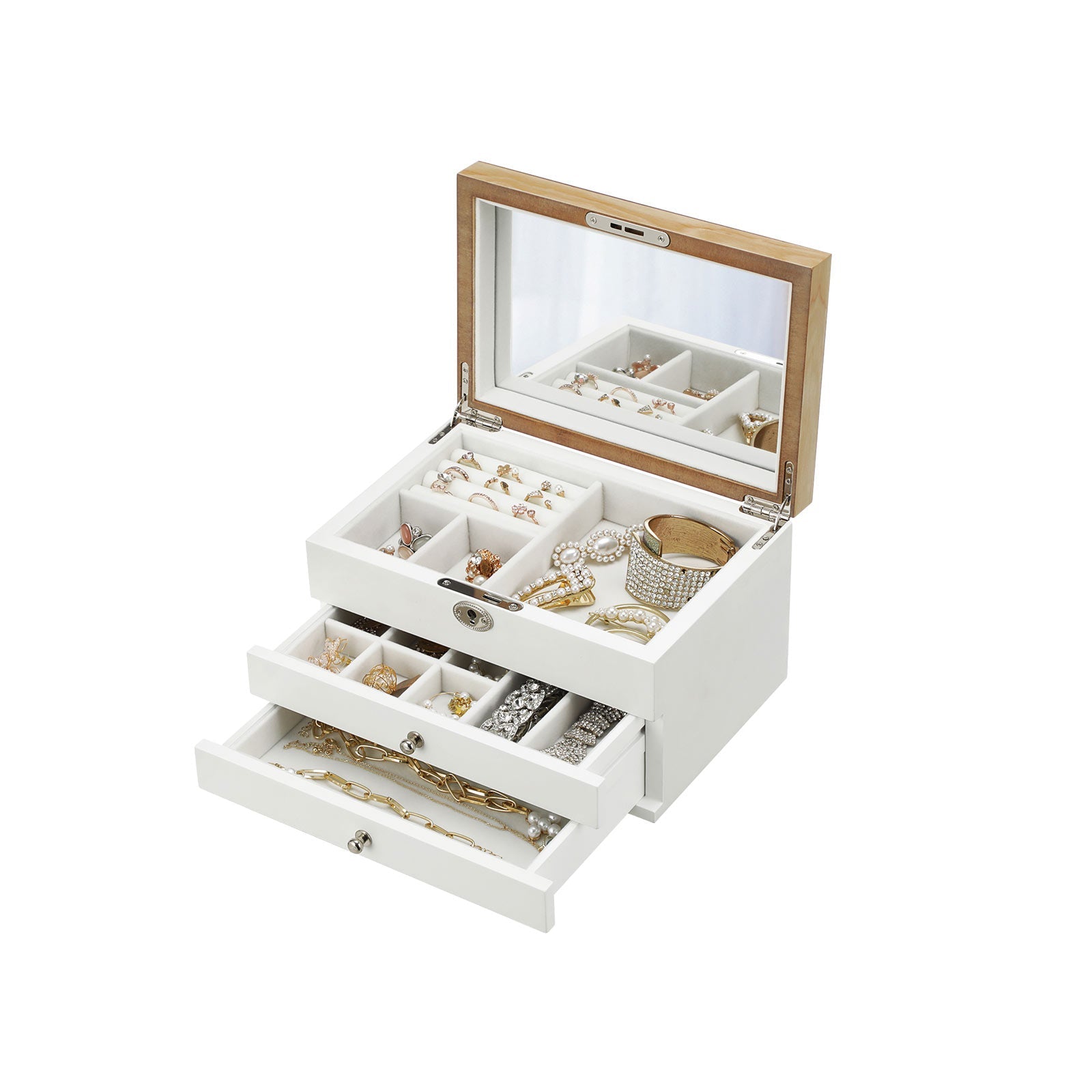 Jewelry Organizer – Engineered Wood – Black – 3-Tier with Velvet Lining and Drawers