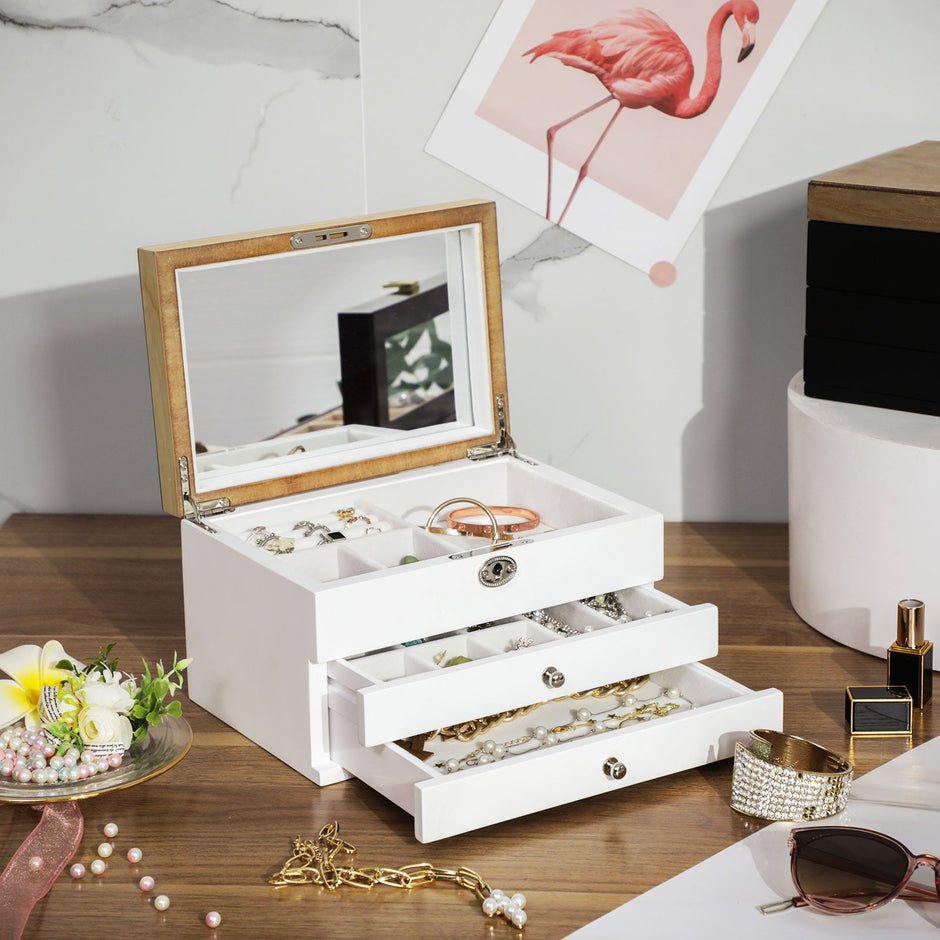 Jewelry Organizer – Engineered Wood – Black – 3-Tier with Velvet Lining and Drawers