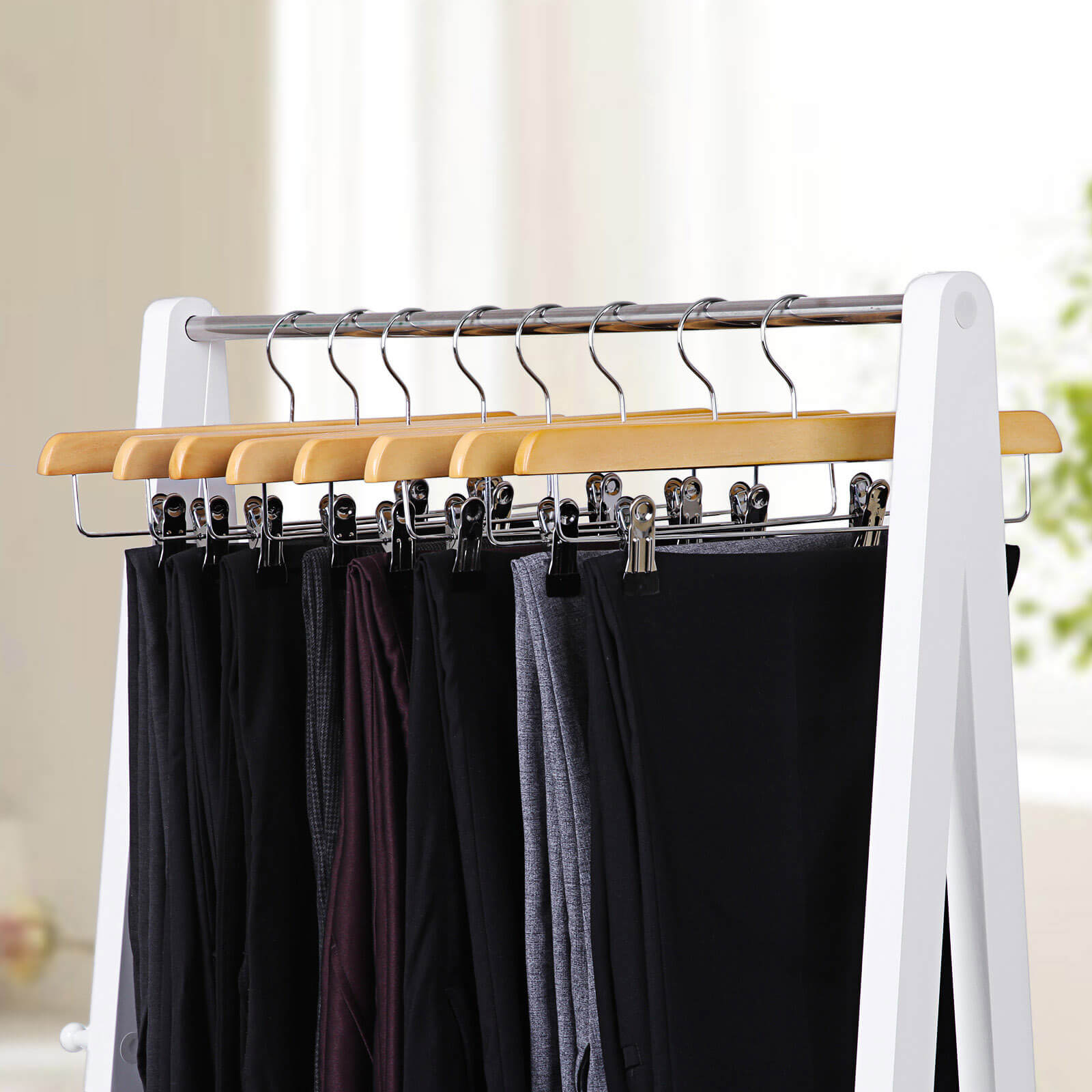 Wooden Skirt Trouser Hangers – Wood – Natural Finish – Adjustable Clips with Rotated Hooks