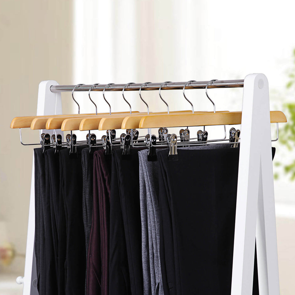 Wooden Skirt Trouser Hangers – Wood – Natural Finish – Adjustable Clips with Rotated Hooks