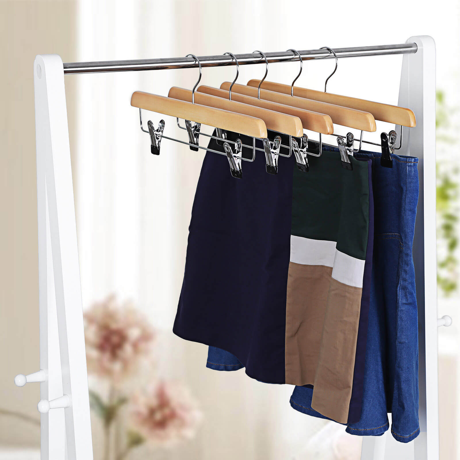 Wooden Skirt Trouser Hangers – Wood – Natural Finish – Adjustable Clips with Rotated Hooks