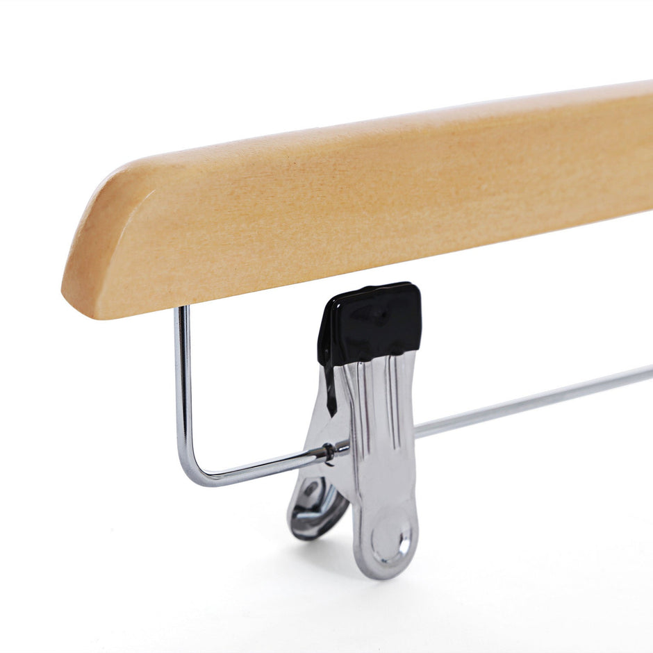 Wooden Skirt Trouser Hangers – Wood – Natural Finish – Adjustable Clips with Rotated Hooks