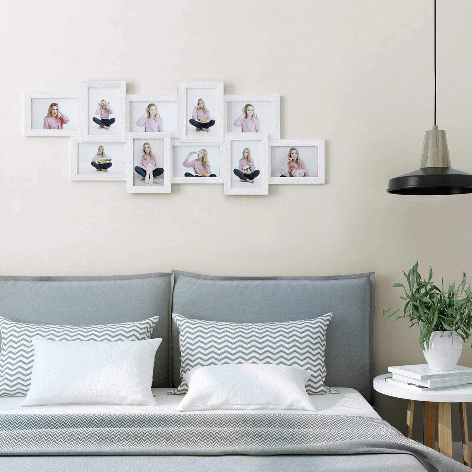 Photo Frame – White Wood Grain – Wall Mounted – Collage for 10 Photos (4