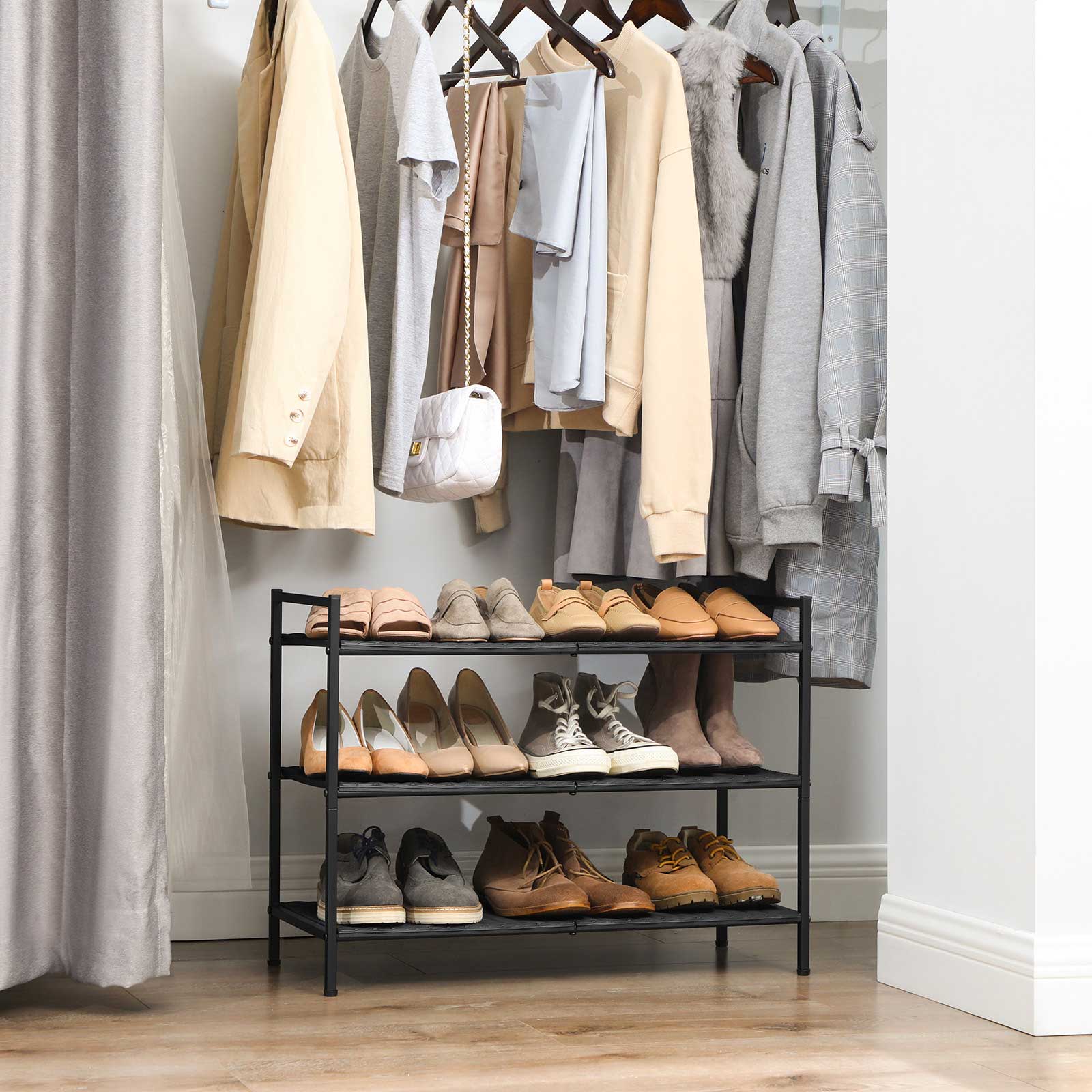 3-Tier Shoe Rack – Polyrattan – Smoky Grey – Stackable with Adjustable Shelves