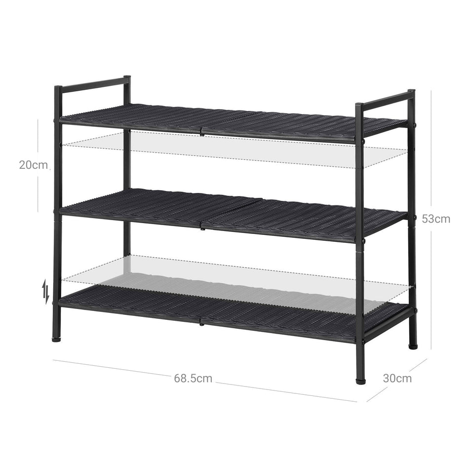 3-Tier Shoe Rack – Polyrattan – Smoky Grey – Stackable with Adjustable Shelves