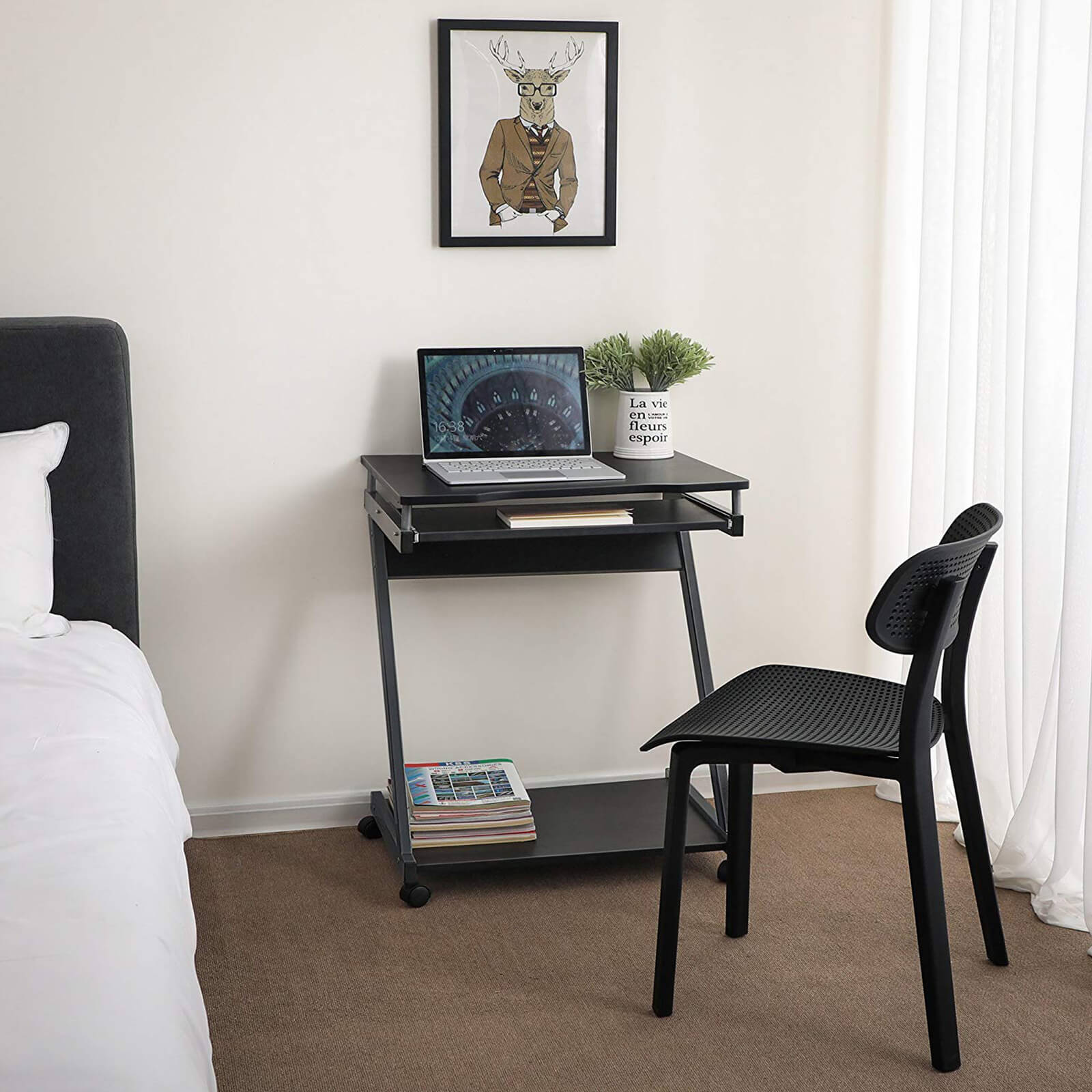 Z-Shaped Computer Desk – Wood – White – Mobile with Sliding Keyboard and Wheels