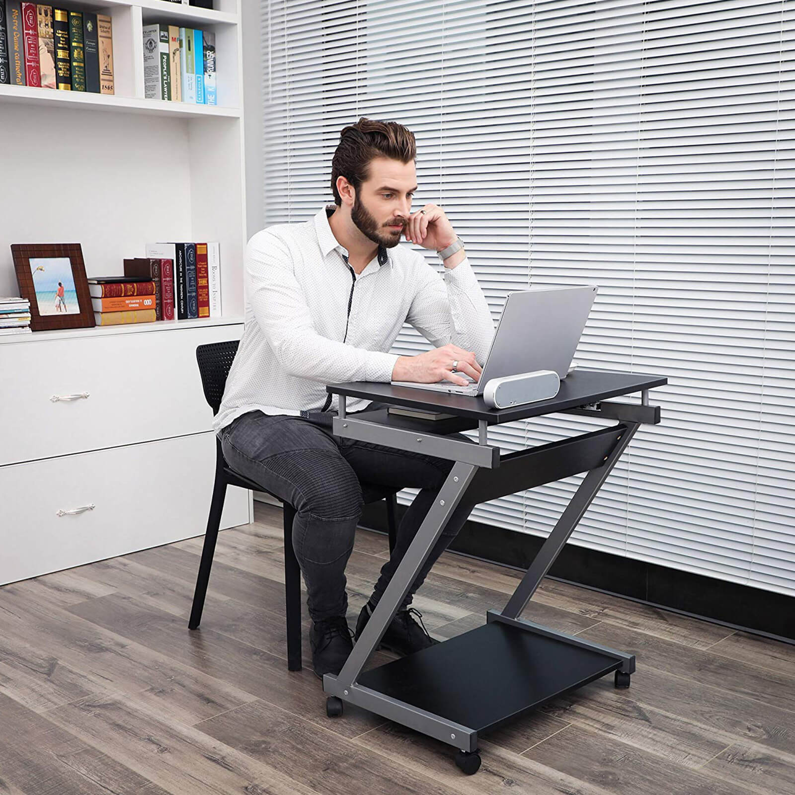 Z-Shaped Computer Desk – Wood – White – Mobile with Sliding Keyboard and Wheels