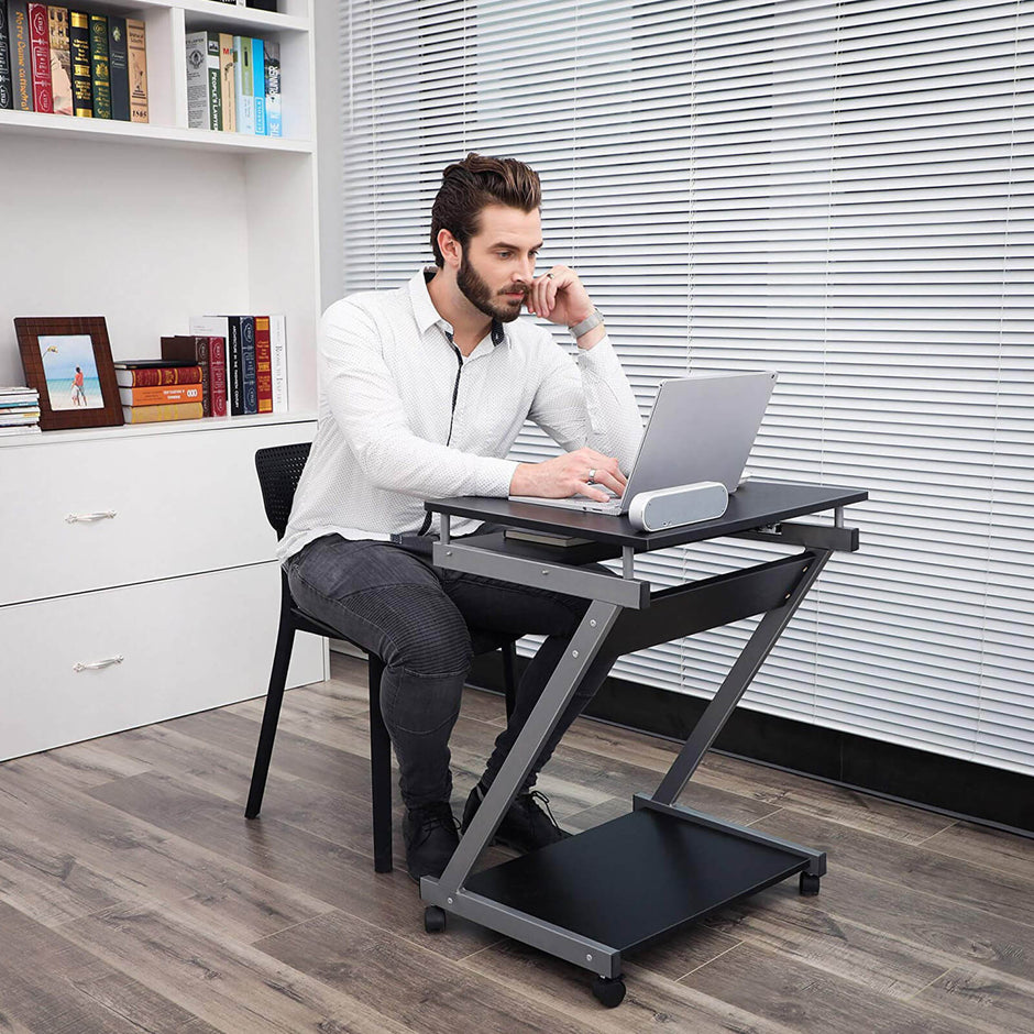 Z-Shaped Computer Desk – Wood – White – Mobile with Sliding Keyboard and Wheels