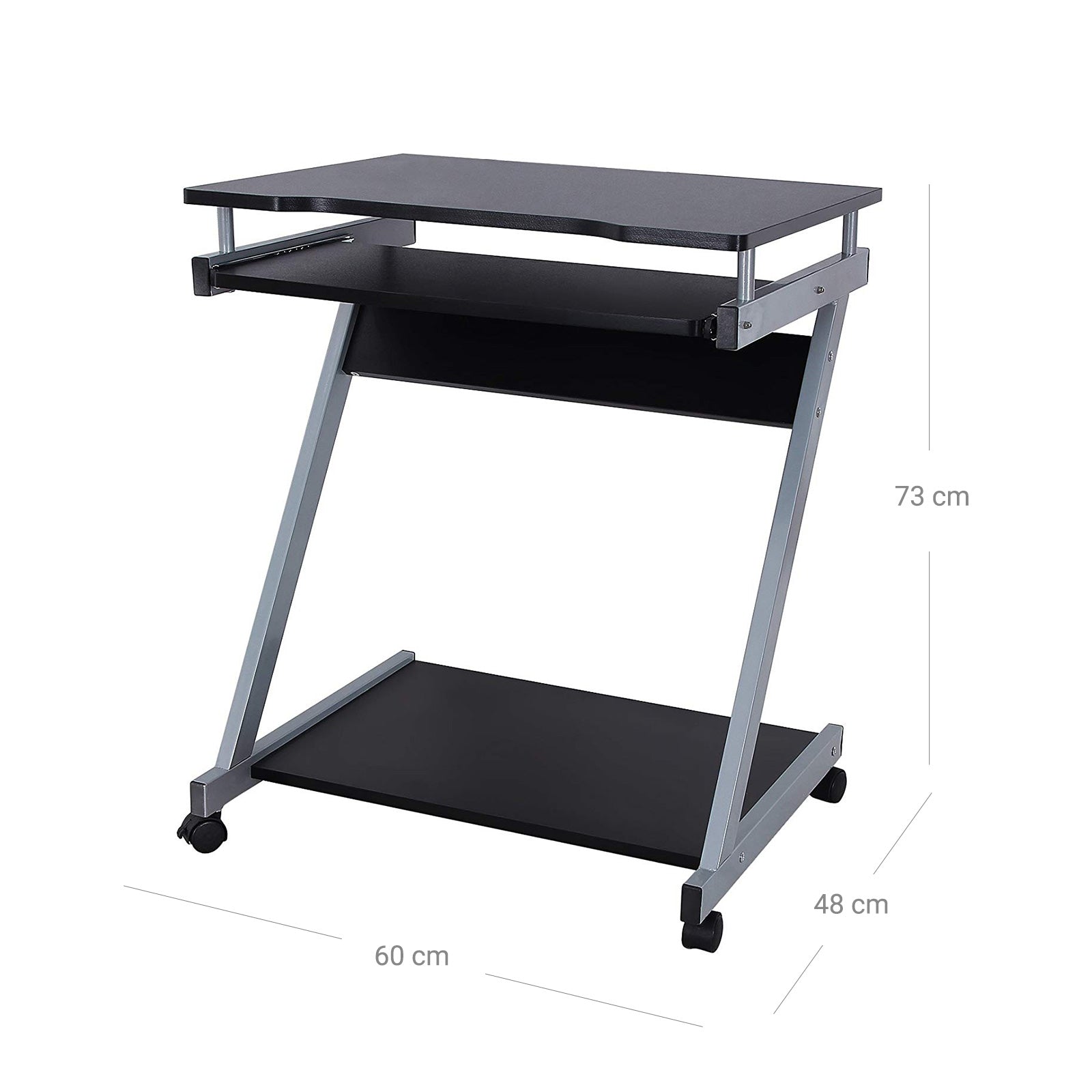 Z-Shaped Computer Desk – Wood – White – Mobile with Sliding Keyboard and Wheels