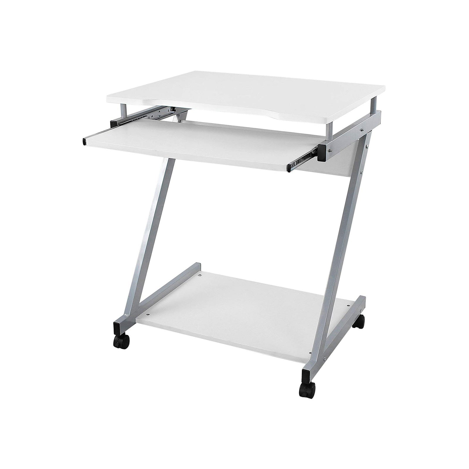 Z-Shaped Computer Desk – Wood – White – Mobile with Sliding Keyboard and Wheels