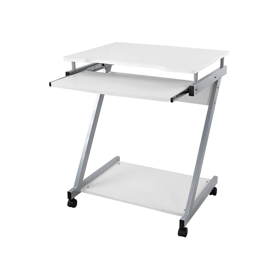 Z-Shaped Computer Desk – Wood – White – Mobile with Sliding Keyboard and Wheels