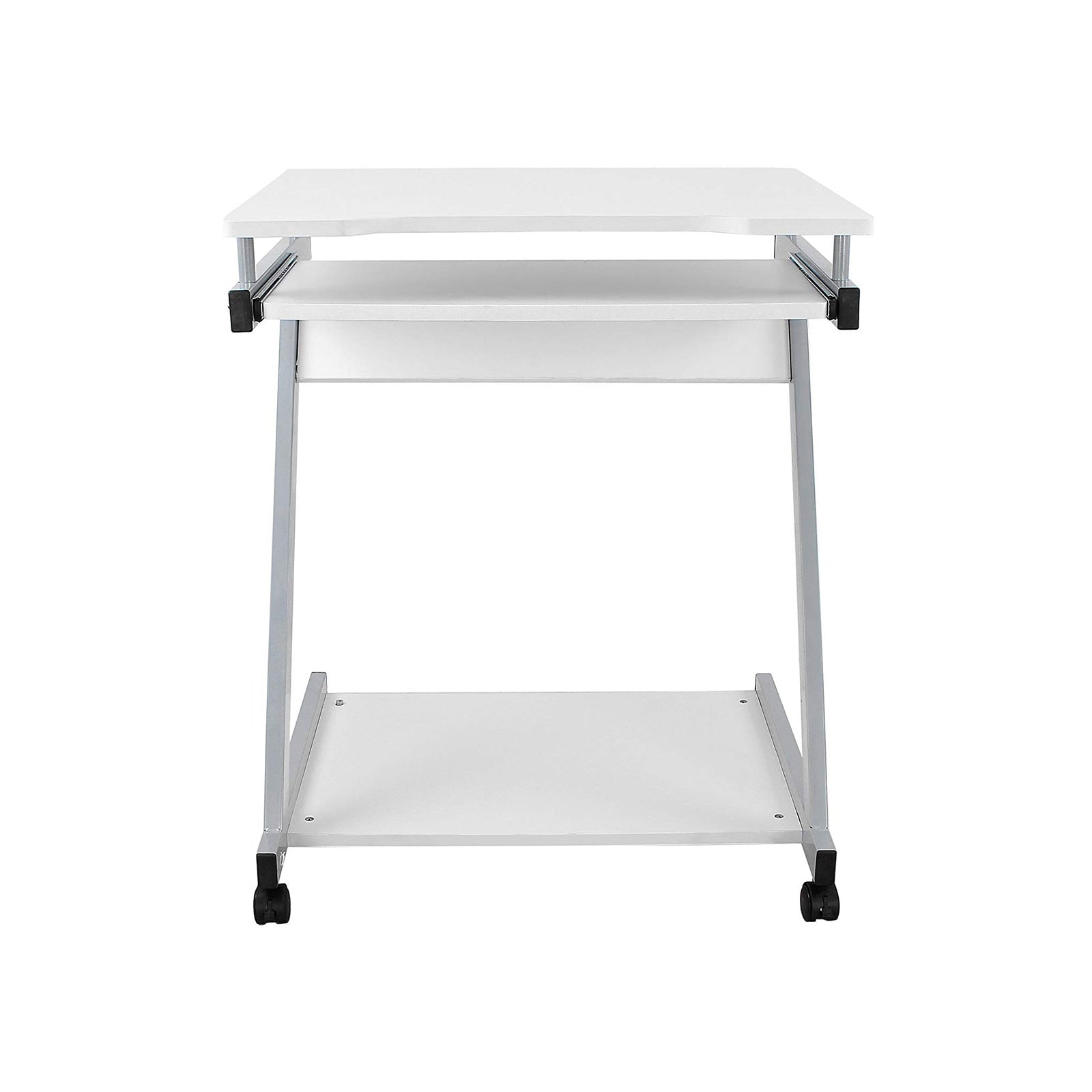 Z-Shaped Computer Desk – Wood – White – Mobile with Sliding Keyboard and Wheels